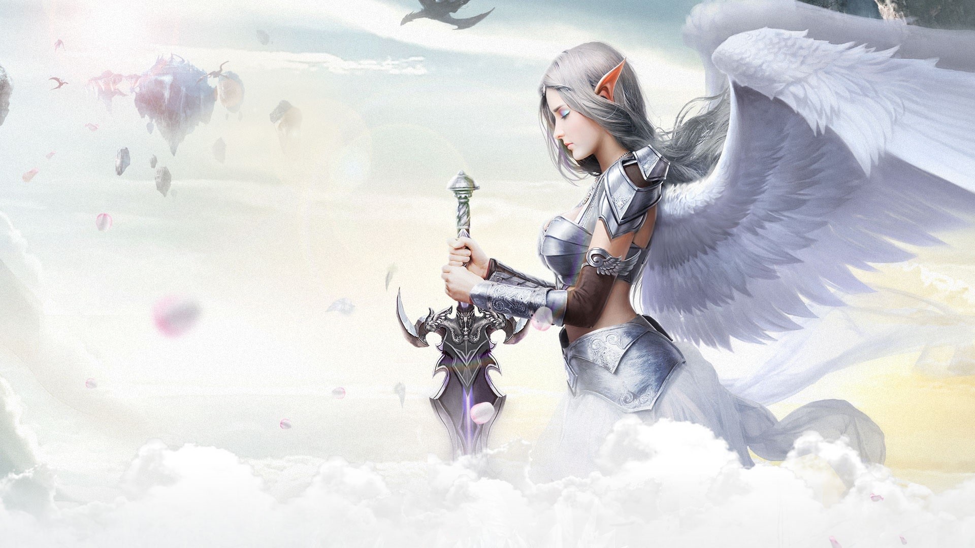 elves, wings, fantasy weapon, armor, clouds, cropped, HD Wallpaper