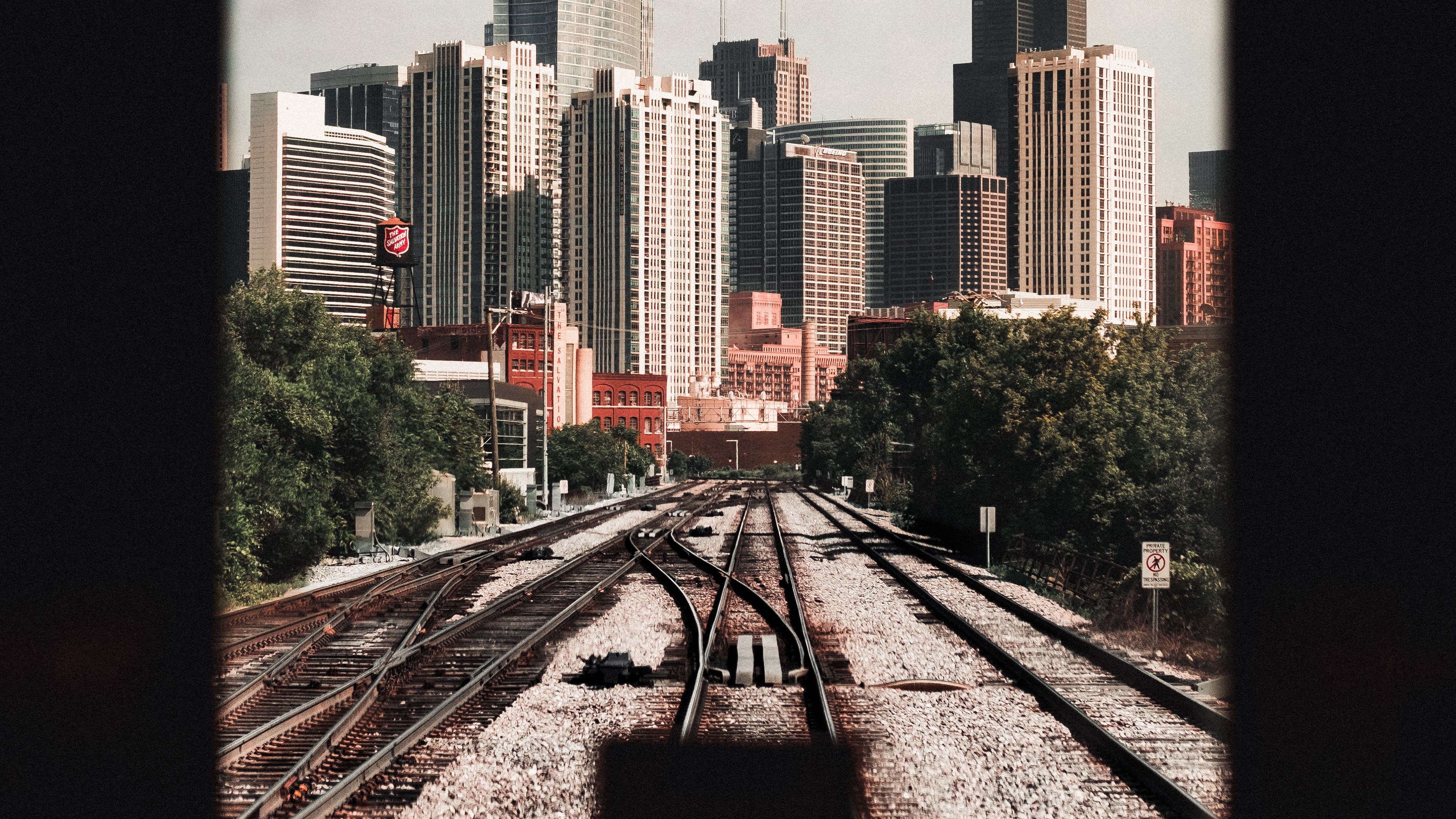 rails, railway, city, buildings, architecture, 4k, HD Wallpaper