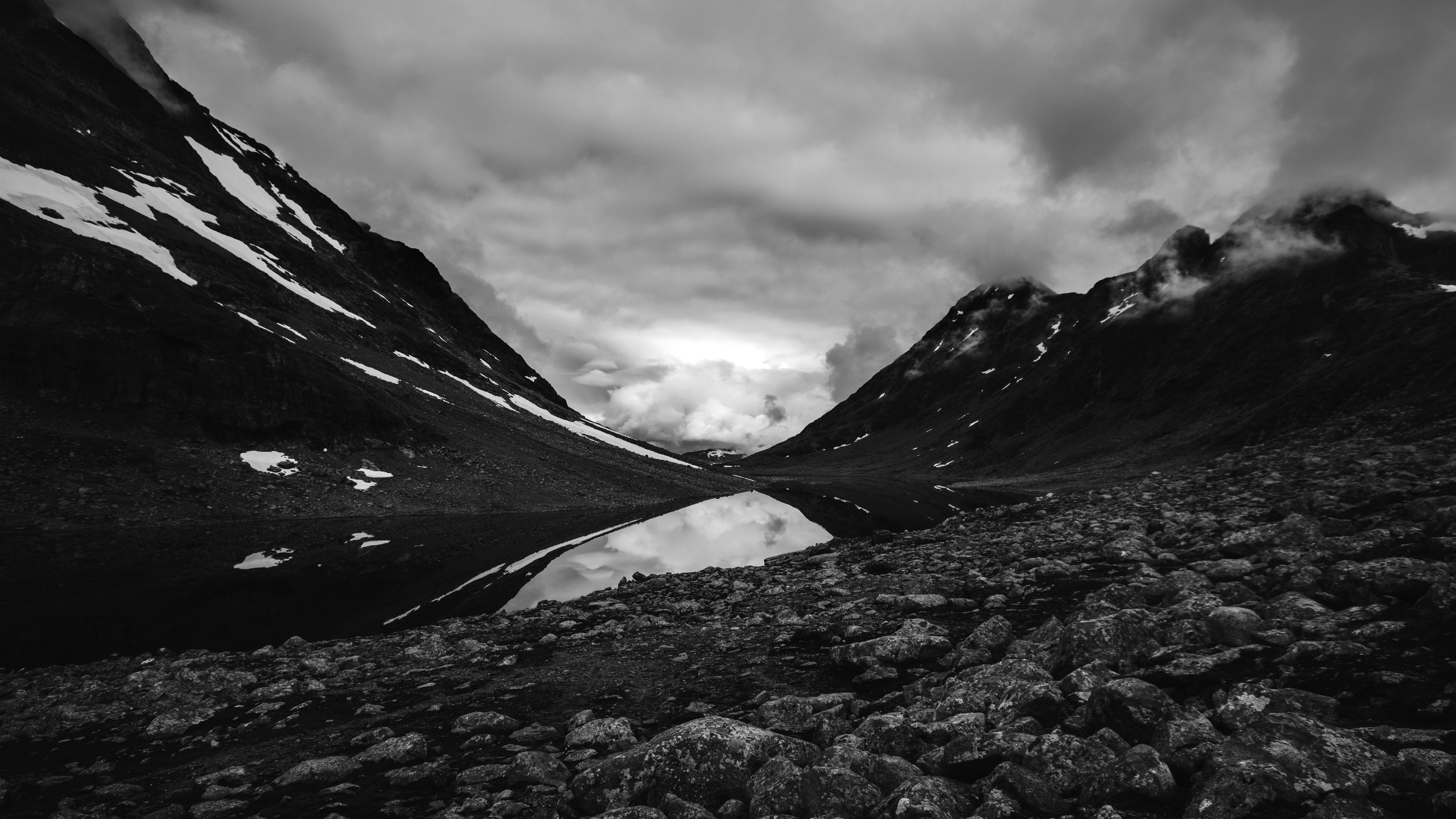 Norway, mountains, water, rock, snow, monochrome, overcast, rocks, river, HD Wallpaper