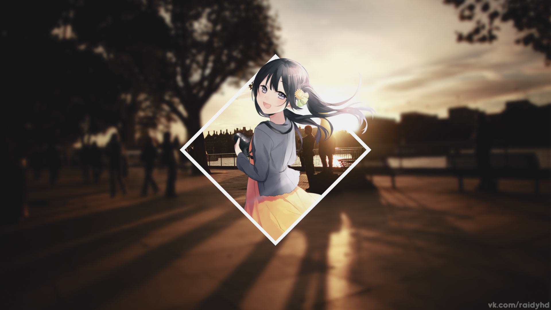 anime, anime girls, sunset, picture-in-picture, HD Wallpaper