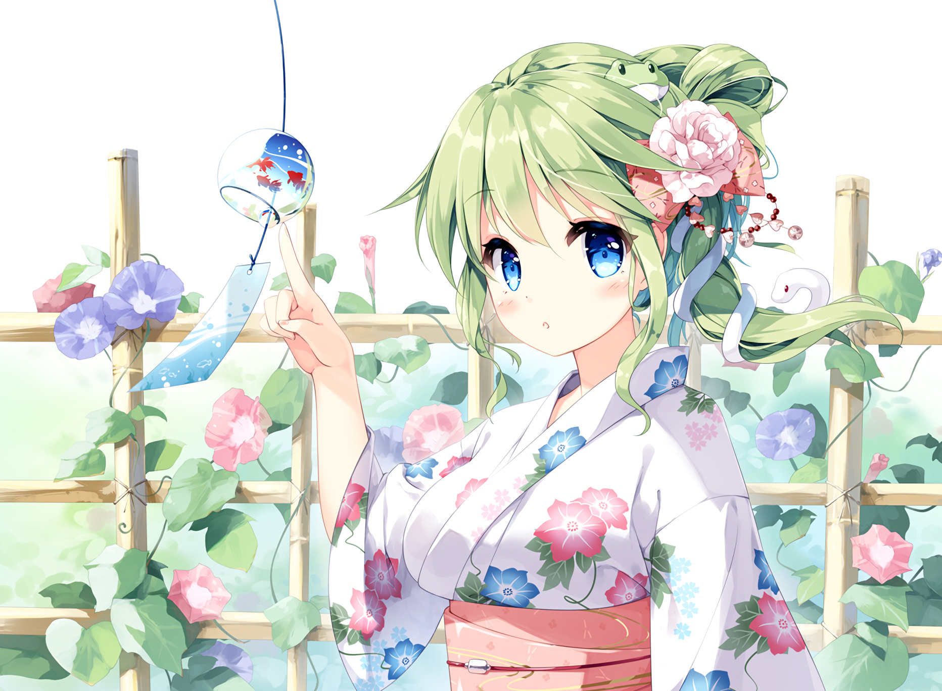 Touhou, Kochiya Sanae, green hair, blue eyes, Japanese kimono, HD Wallpaper