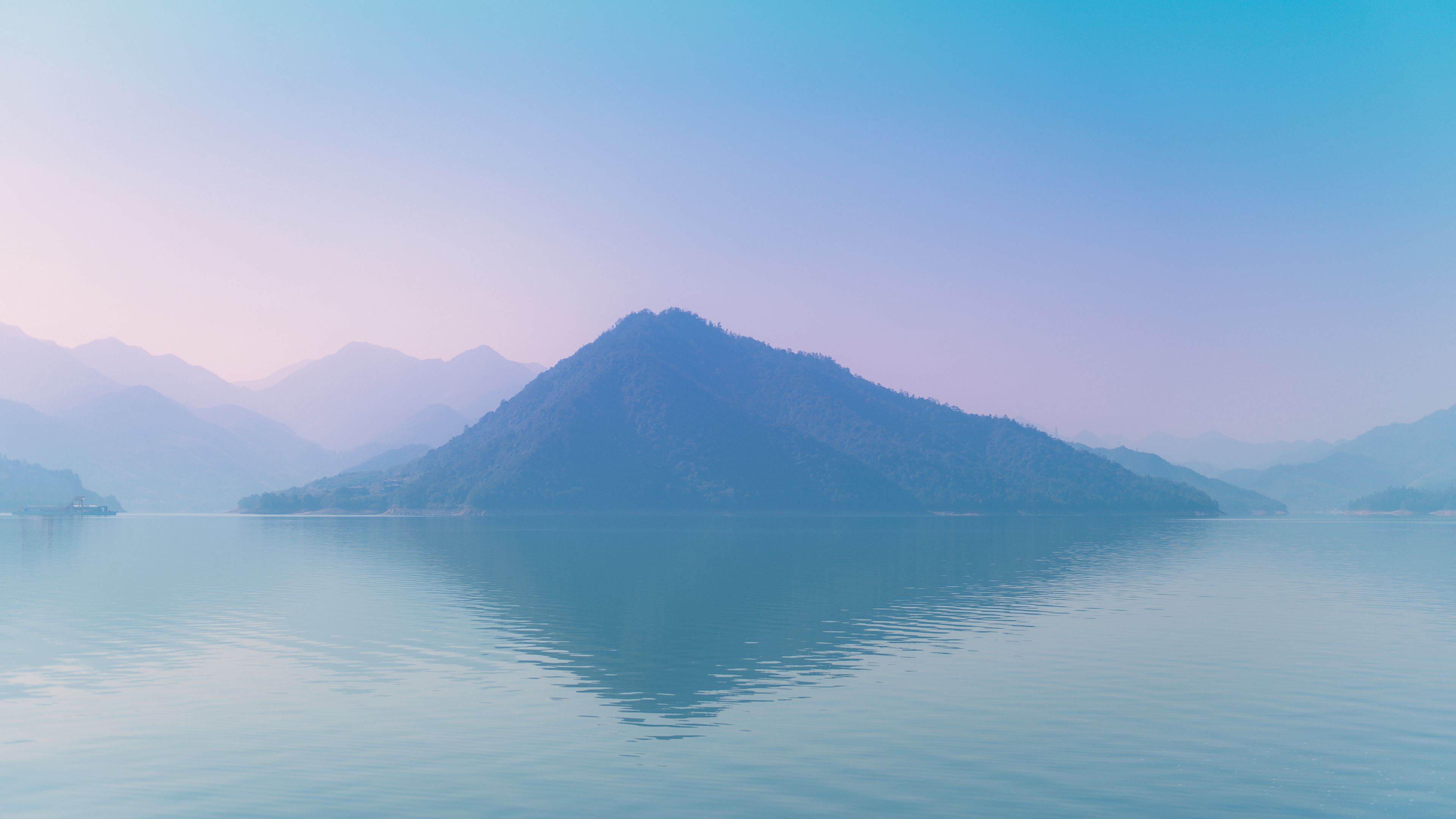 island, fog, sea, hills, reflection, 4k, HD Wallpaper