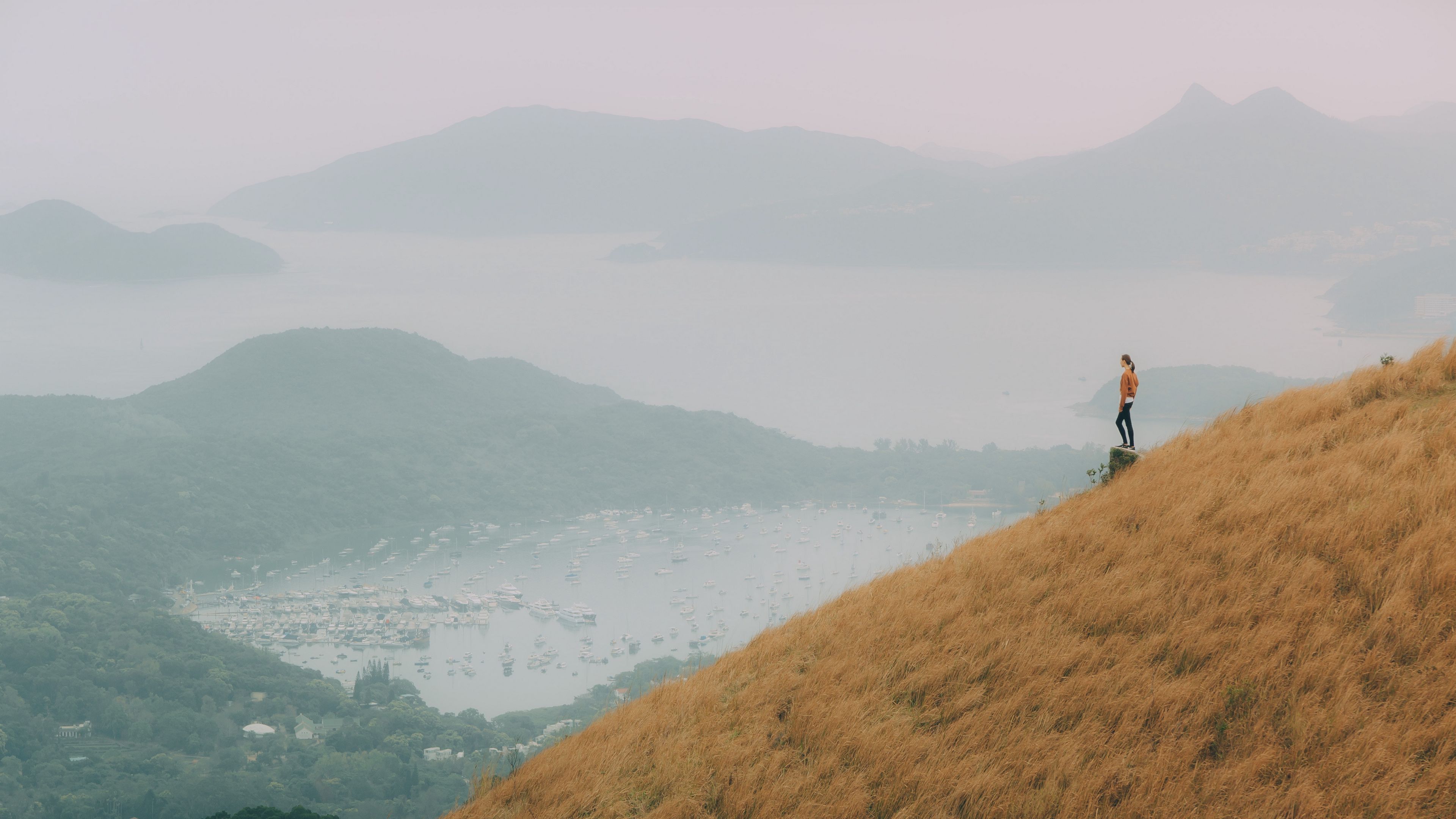 hill, girl, view, bay, fog, 4k, HD Wallpaper