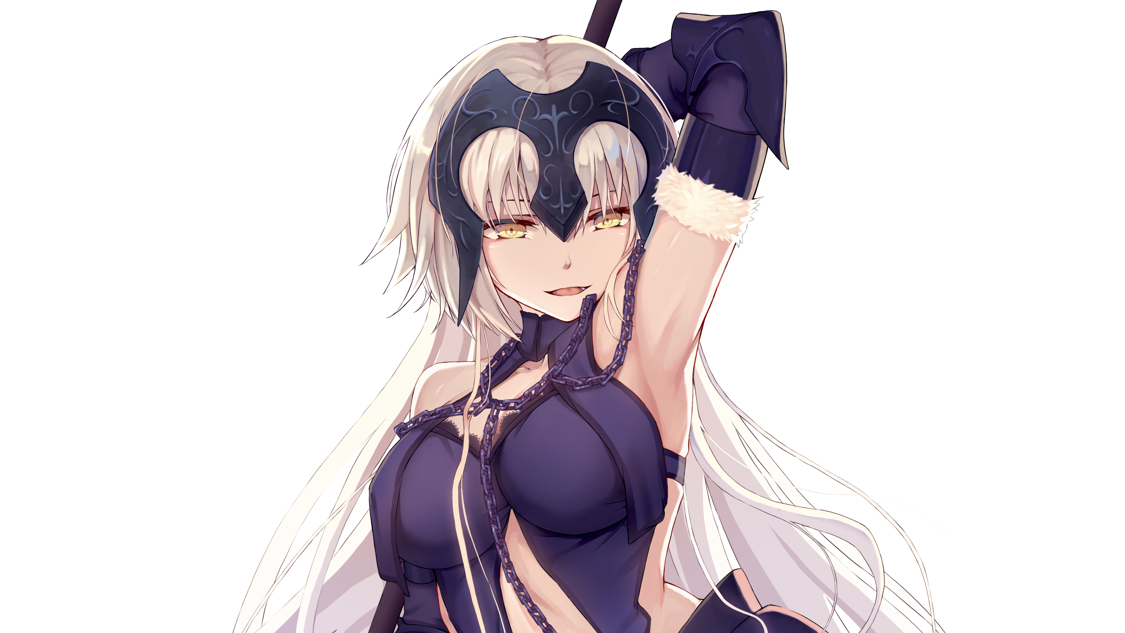 boobs, white background, blonde, long hair, yellow eyes, armor, chains, cropped, elbow gloves, Fate/Grand Order, Fate Series, gloves, Jeanne dArc, Jeanne dArc alter, weapon, HD Wallpaper