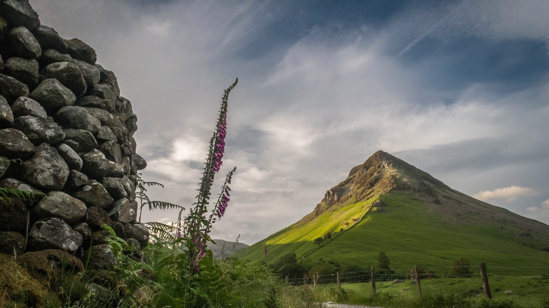 nature, landscape, mountains, Cumbria, England, UK, clouds, grass, plants, stones, fence, HD Wallpaper