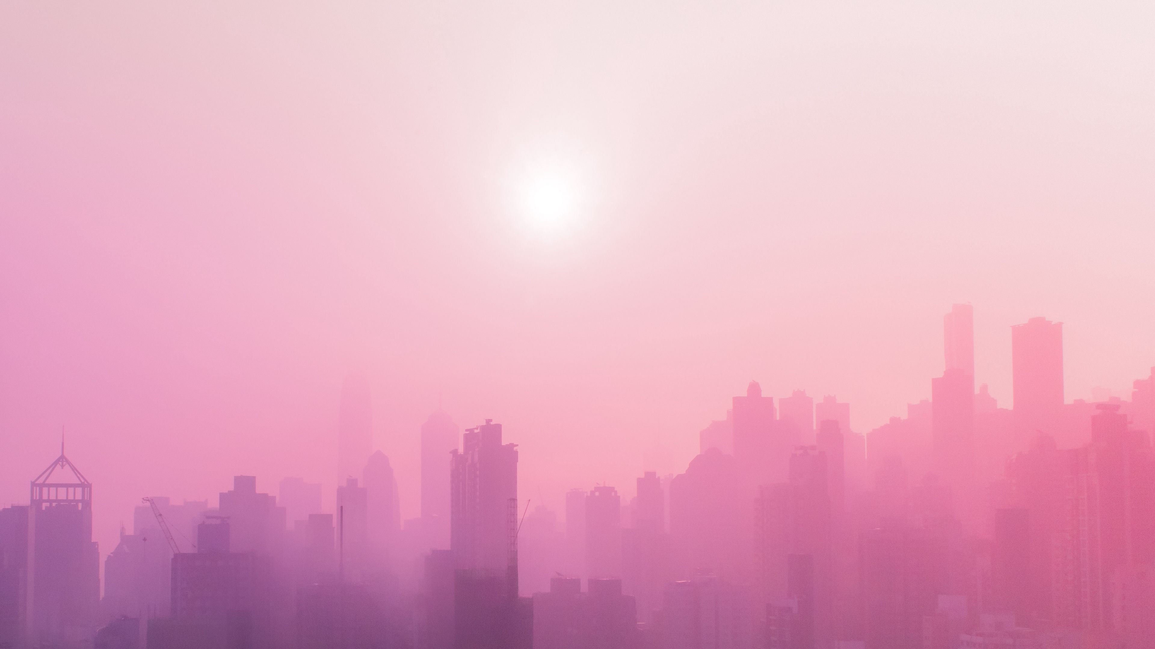 city, fog, sun, buildings, skyscrapers, cityscape, 4k, HD Wallpaper