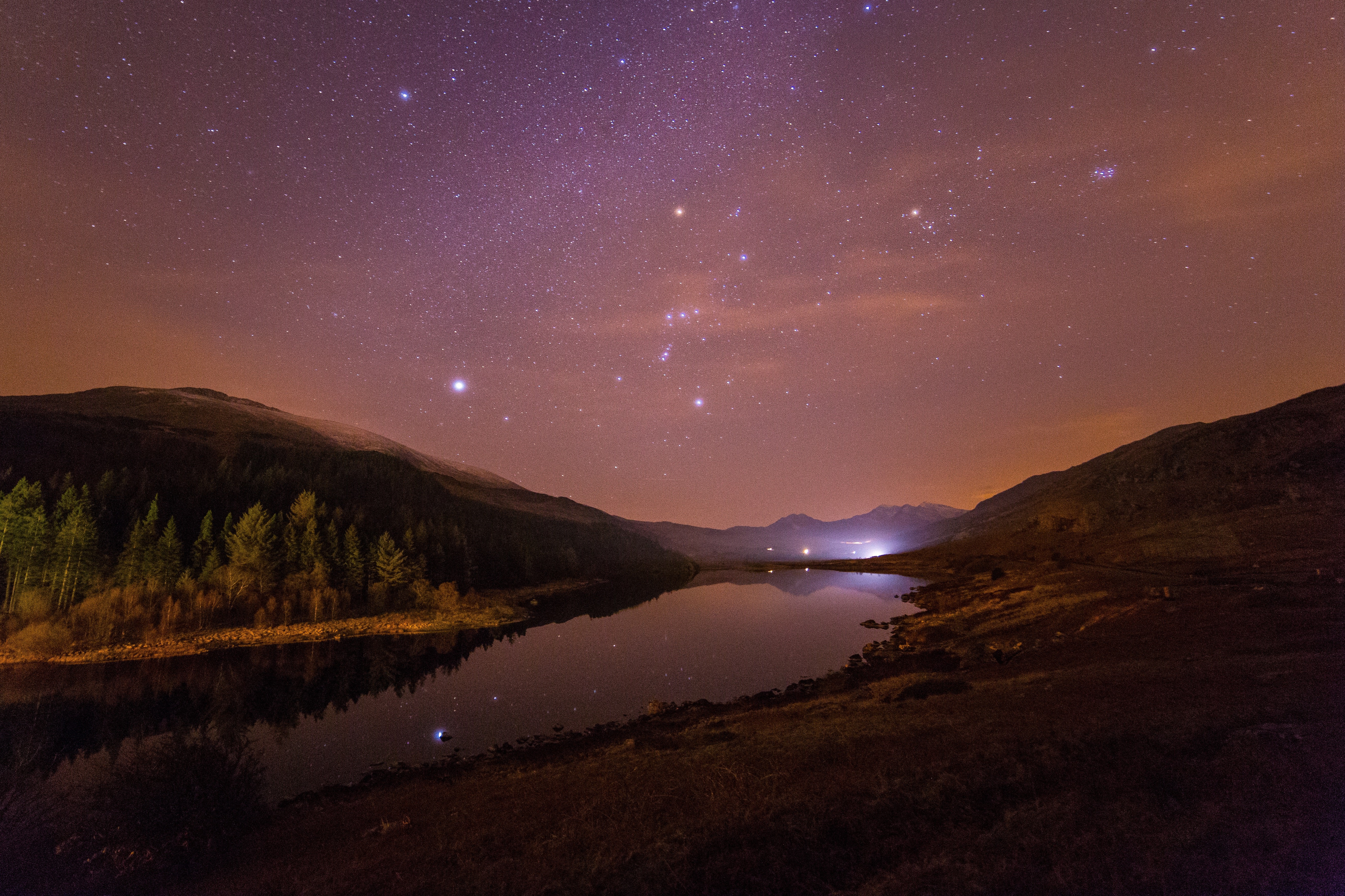 river, stars, night, starry night, forest, trees, nature, HD Wallpaper
