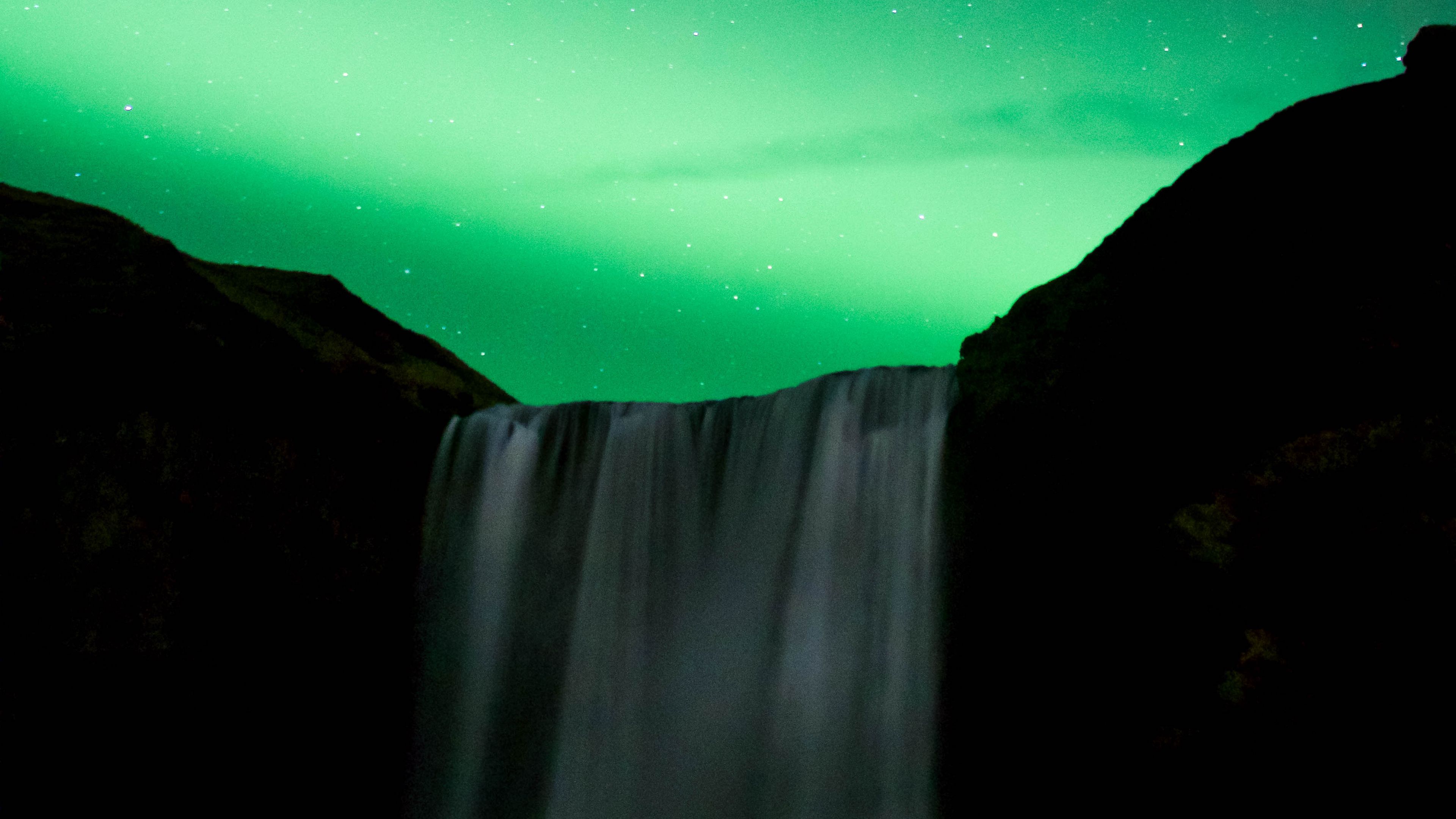 waterfall, night, northern lights, stars, sky, green, 4k, HD Wallpaper