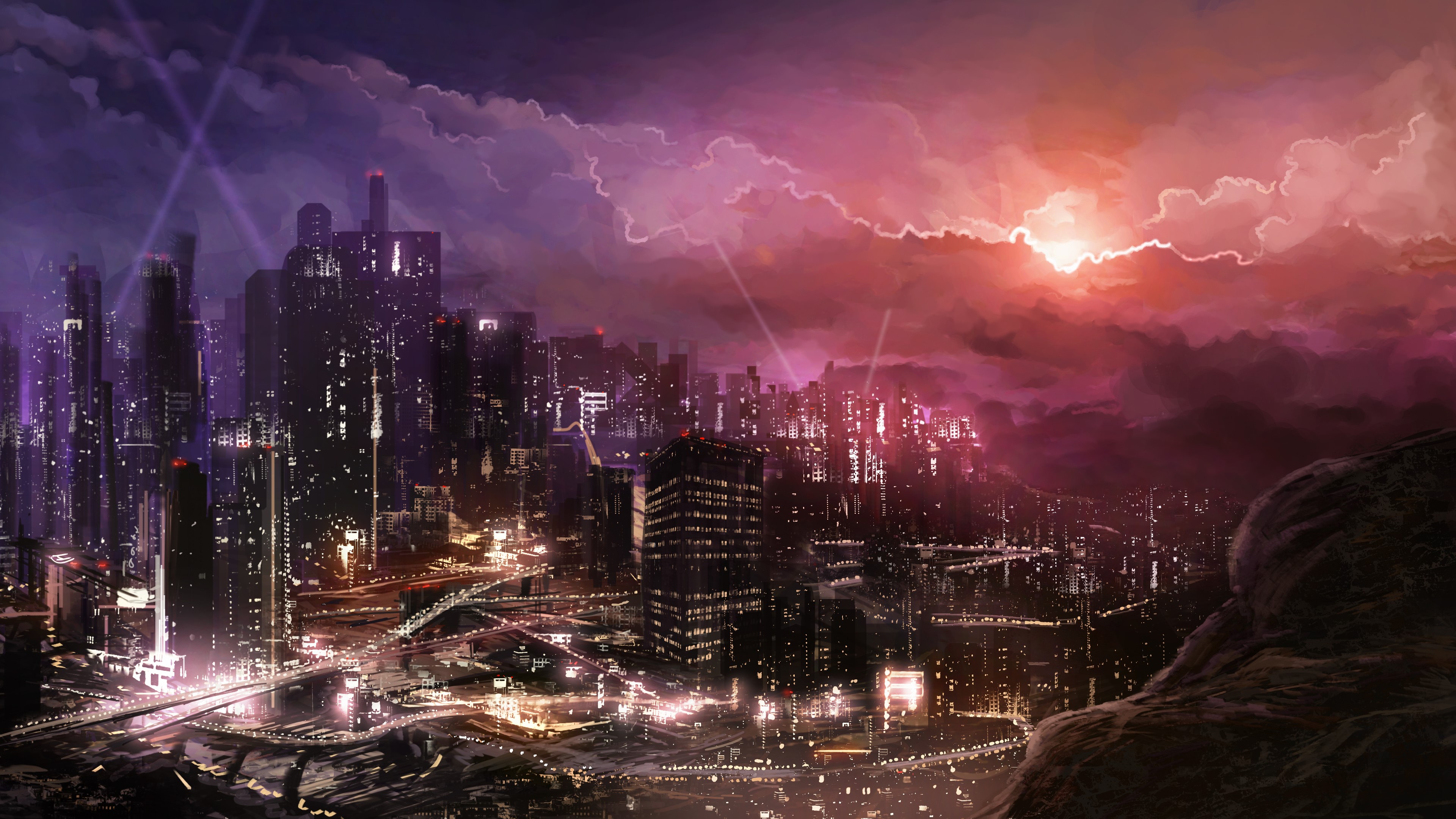 city, building, digital art, cityscape, lights, sky, artwork, HD Wallpaper