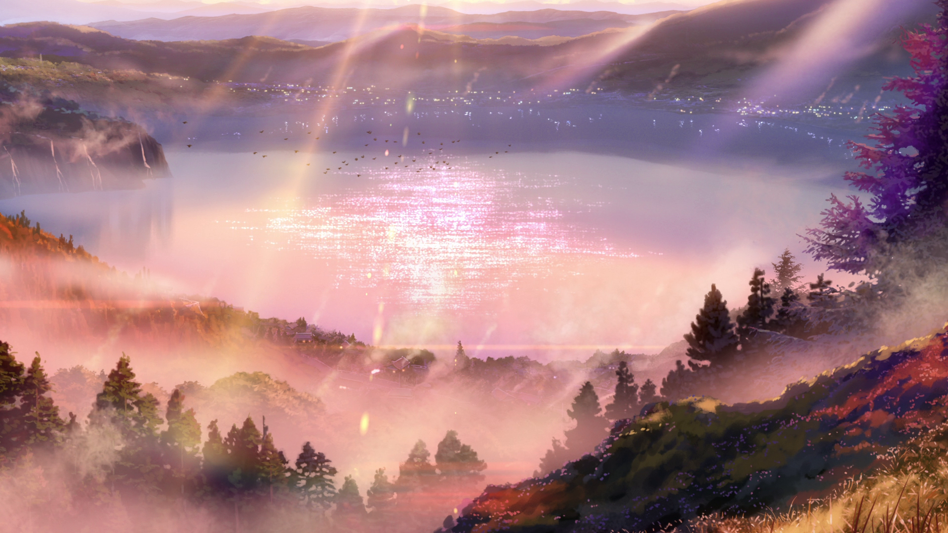 Kimi no Na Wa, Your Name, landscape, mountains, realistic, field, mist, water, lake, pink, HD Wallpaper