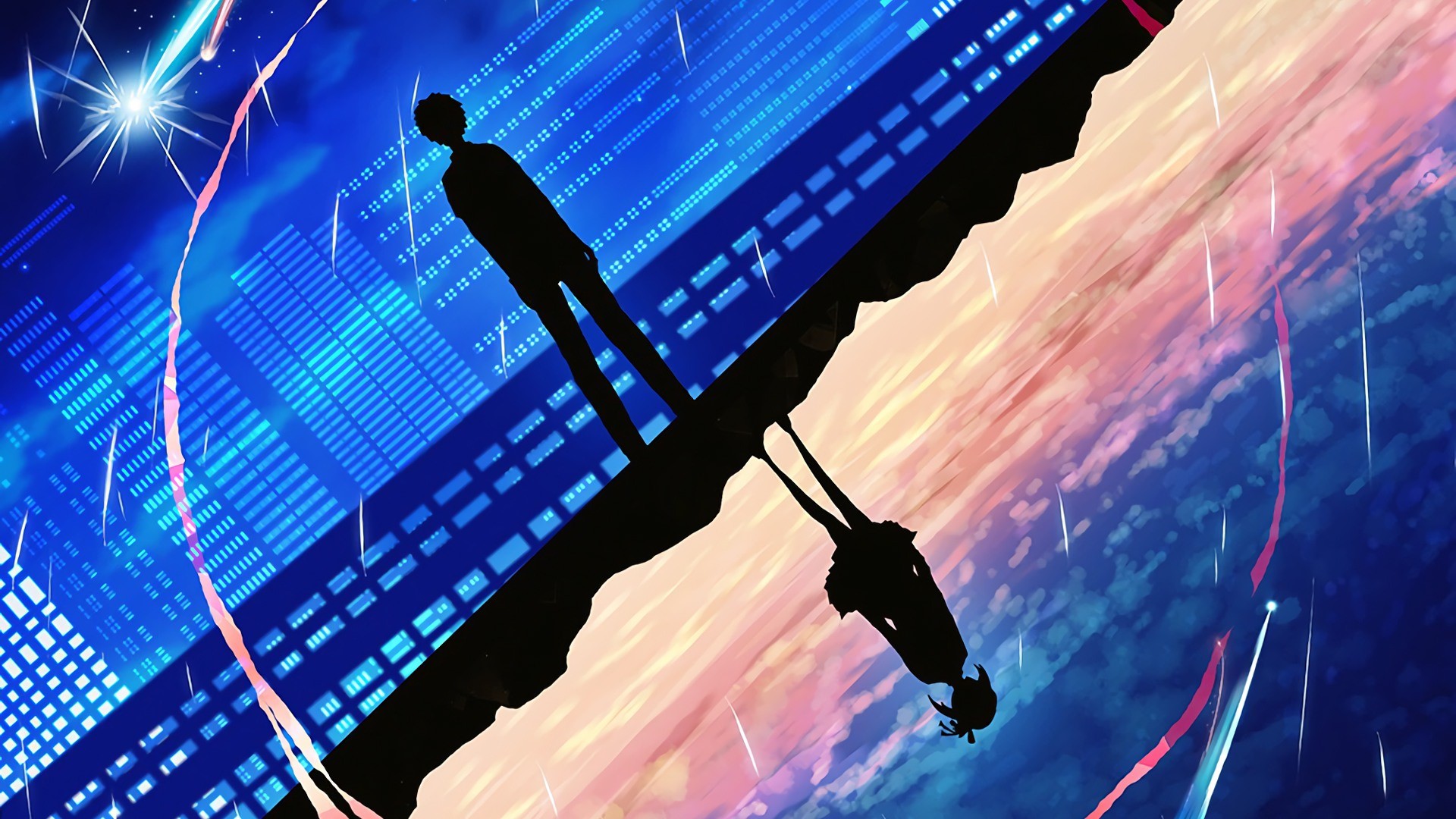 Kimi no Na Wa, Your Name, anime, silhouette, sky, blue, anime boys, anime girls, upside down, HD Wallpaper