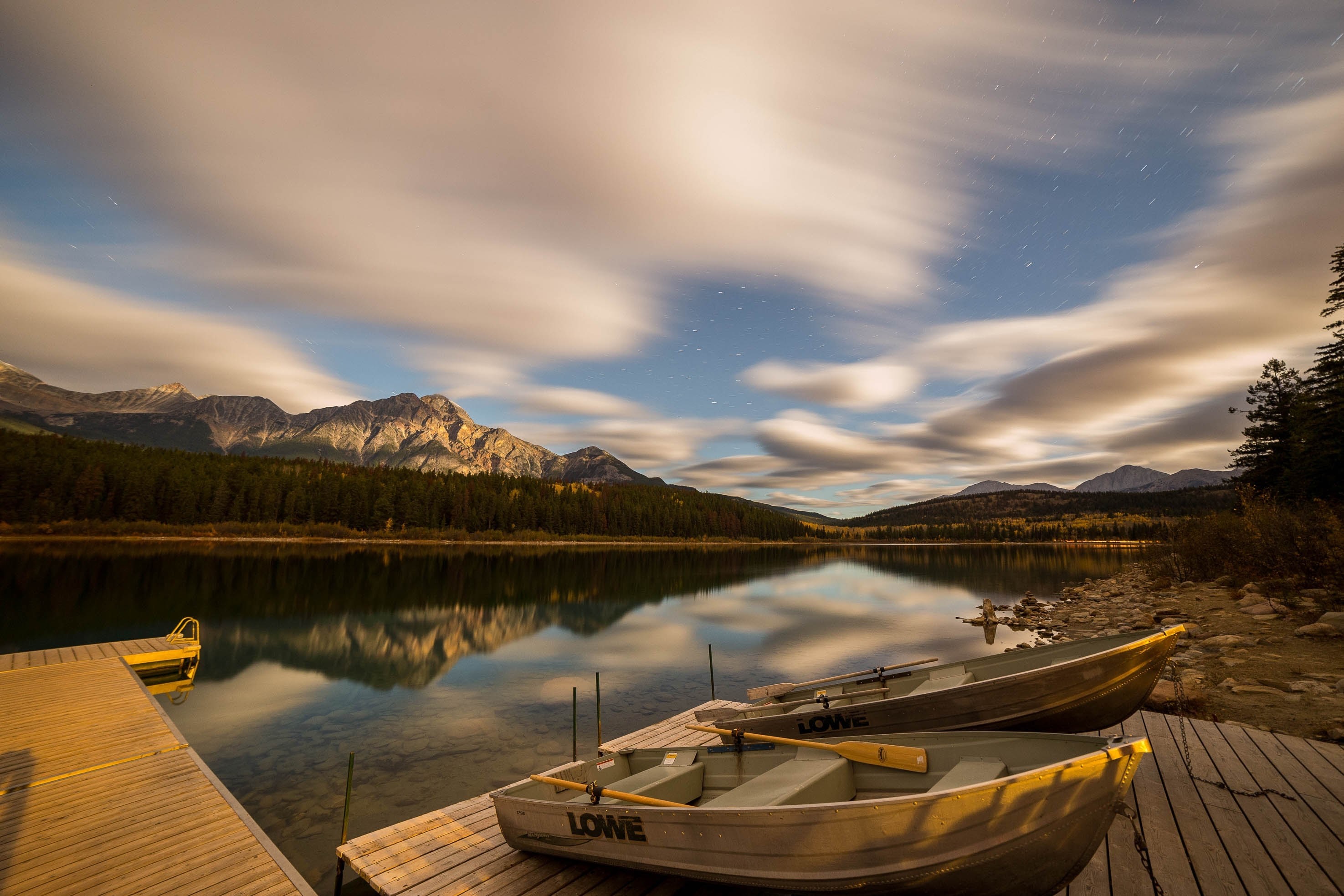 boat, lake, water, clouds, mountains, landscape, nature, HD Wallpaper