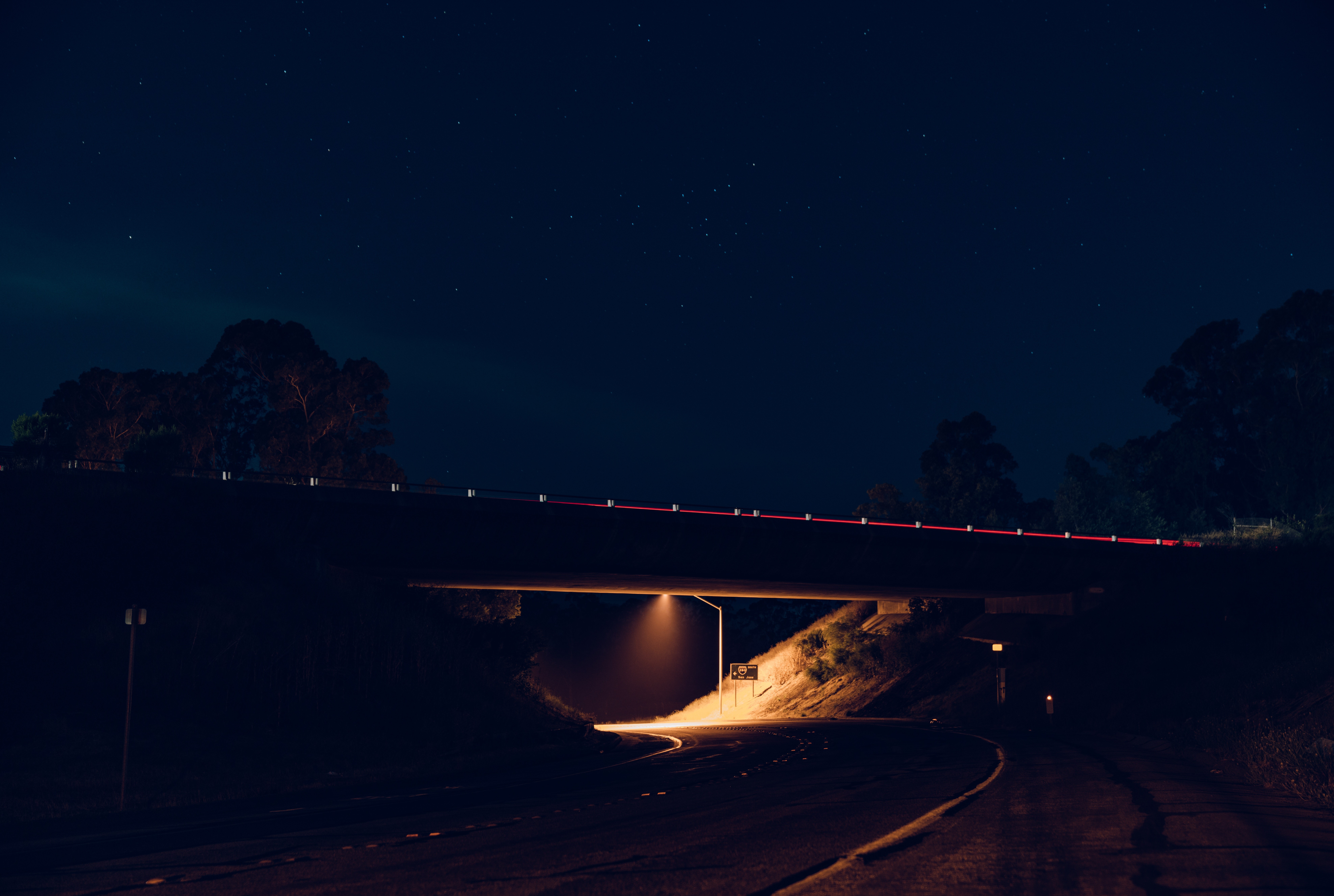 road, bridge, lights, night, stars, HD Wallpaper