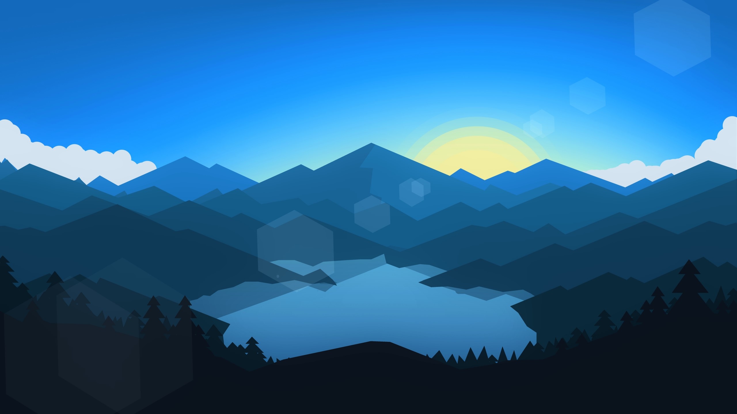 minimalism, abstract, Sun, geometry, landscape, mountains, trees, lake, cyan, HD Wallpaper