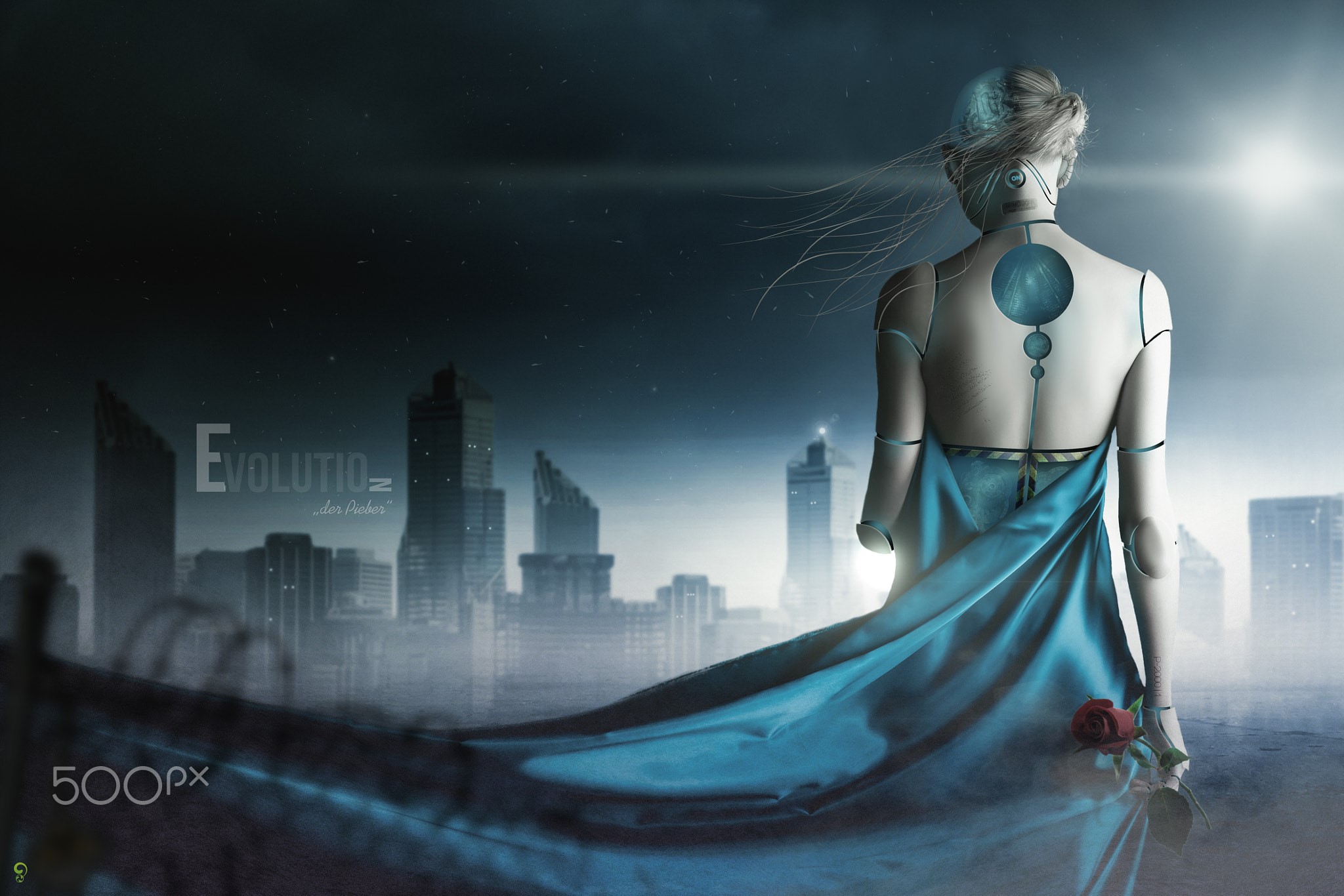science fiction, robot, machine, futuristic, 500px, digital art, women, cityscape, night, lights, rose, dress, cyan, HD Wallpaper