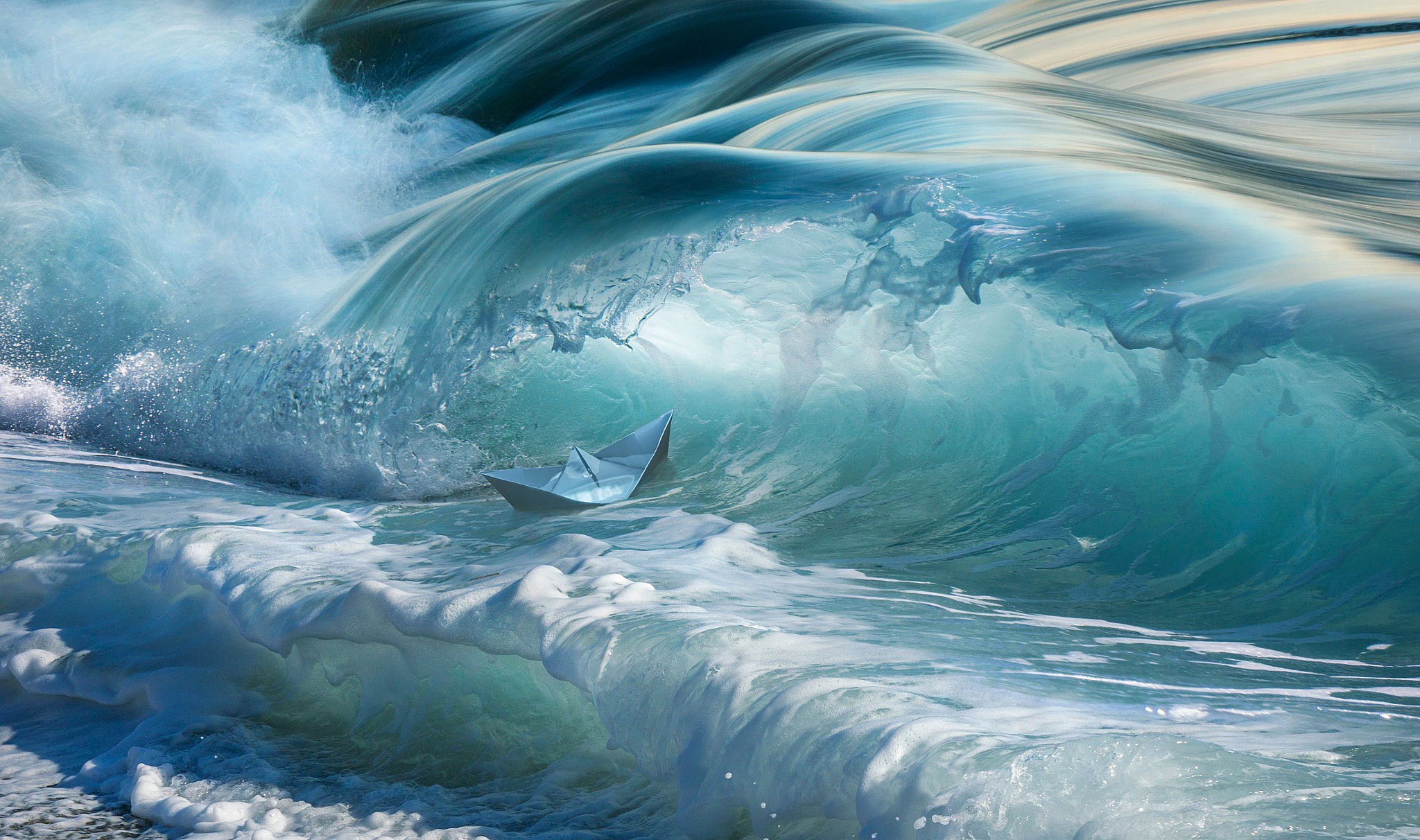 water, sea, waves, paper boats, digital art, cyan, splashes, HD Wallpaper