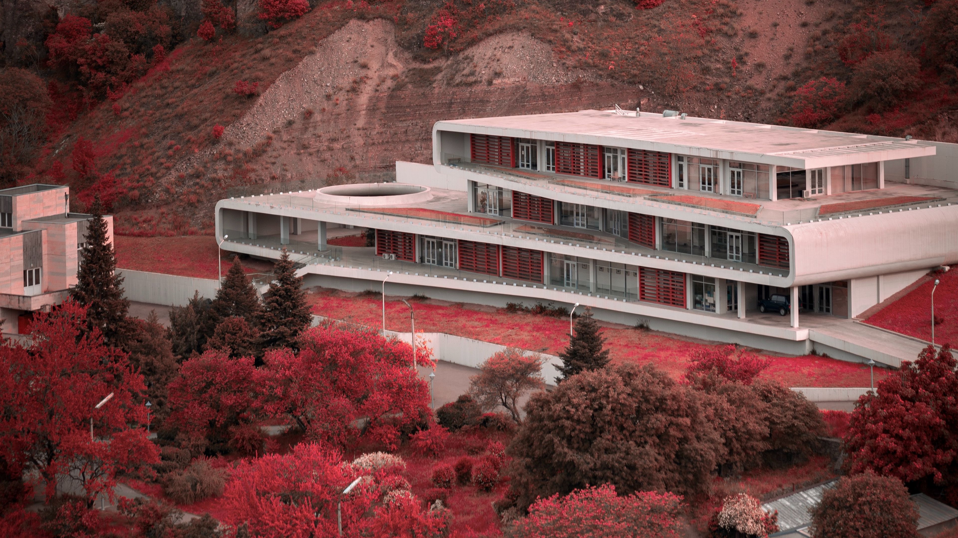 building, architecture, trees, mountain, slope, 4k, HD Wallpaper