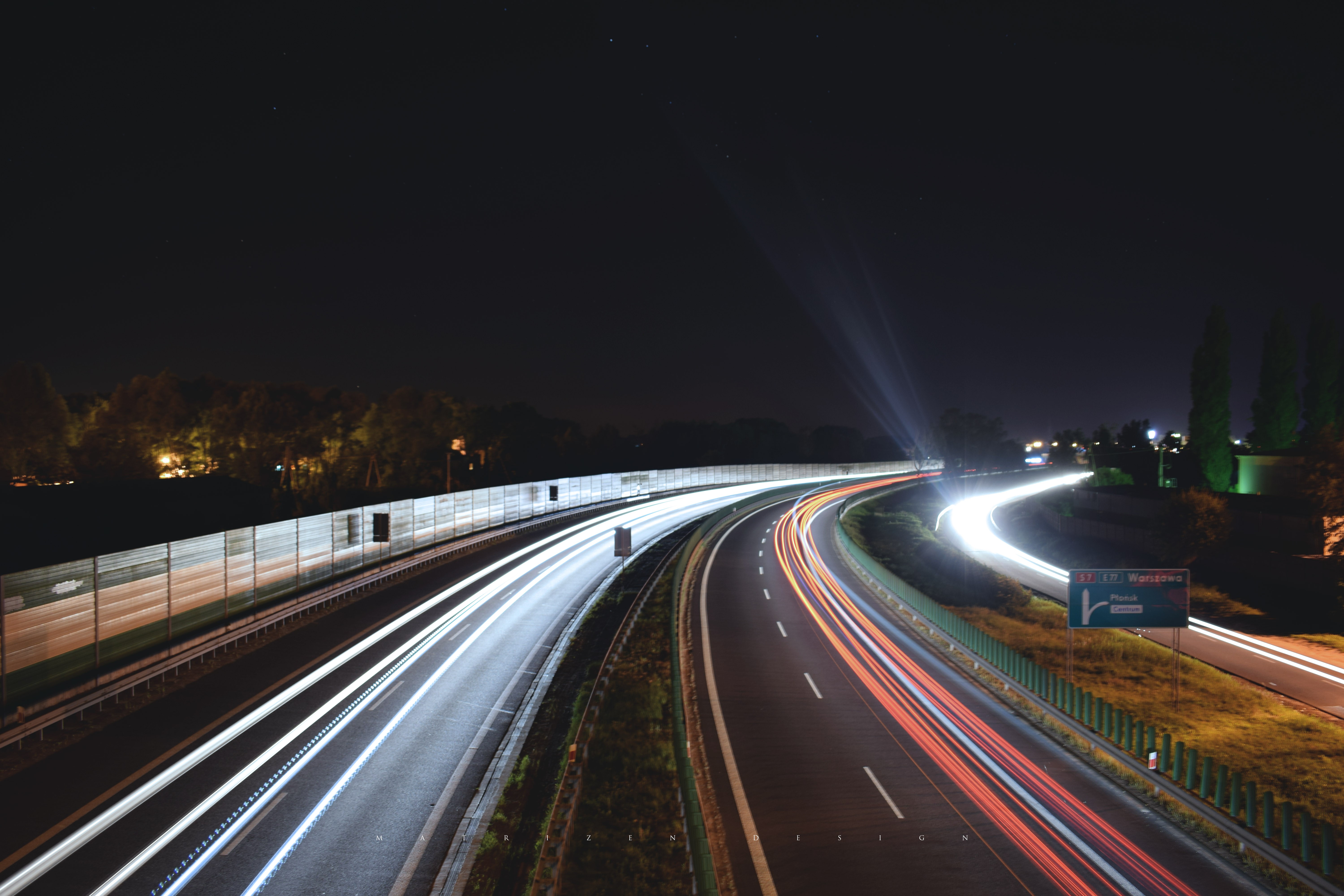 night, road, highway, long exposure, sky, wall, Matrizen Design, headlight beams, light trails, HD Wallpaper