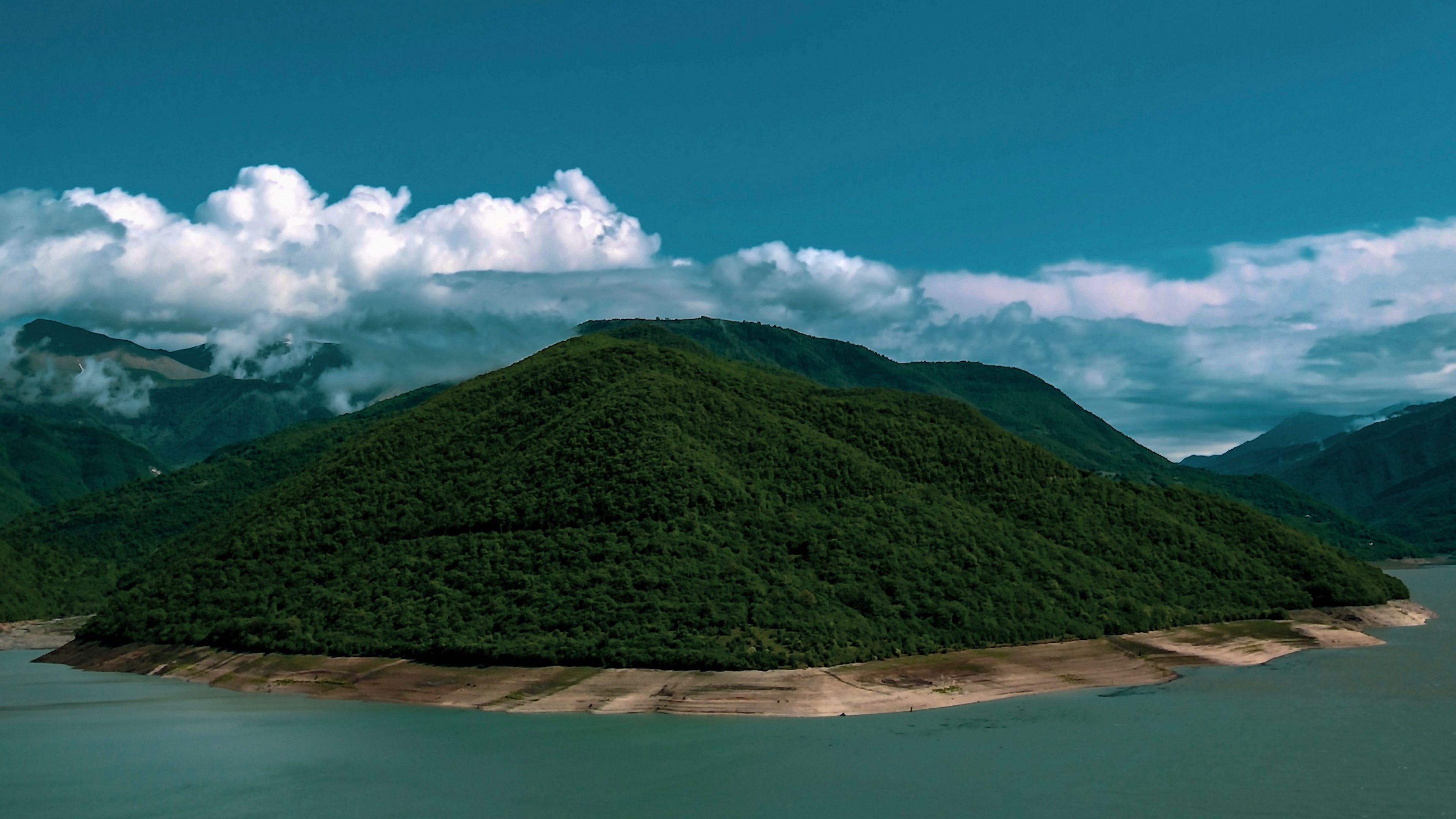island, coast, hills, clouds, forest, vegetation, 4k, HD Wallpaper
