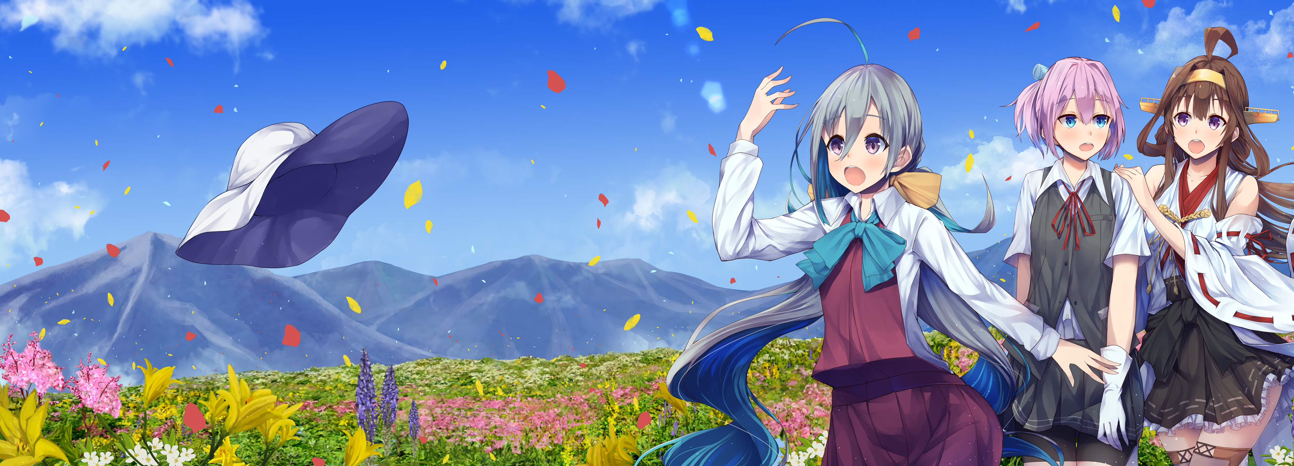 anime, anime girls, Kantai Collection, Kiyoshimo (KanColle), Kongou (KanColle), Shiranui (KanColle), Japanese clothes, mountains, HD Wallpaper