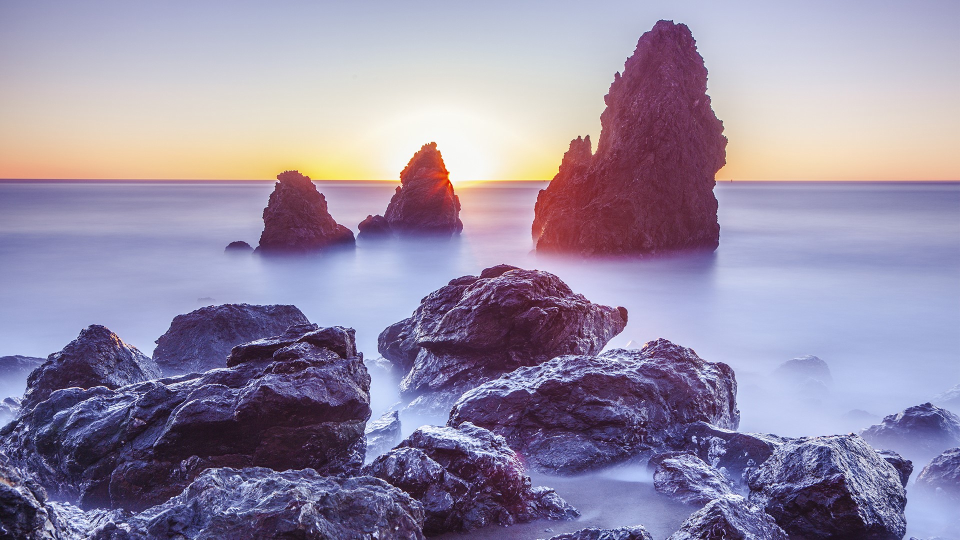 rock, sunset, mist, HD Wallpaper