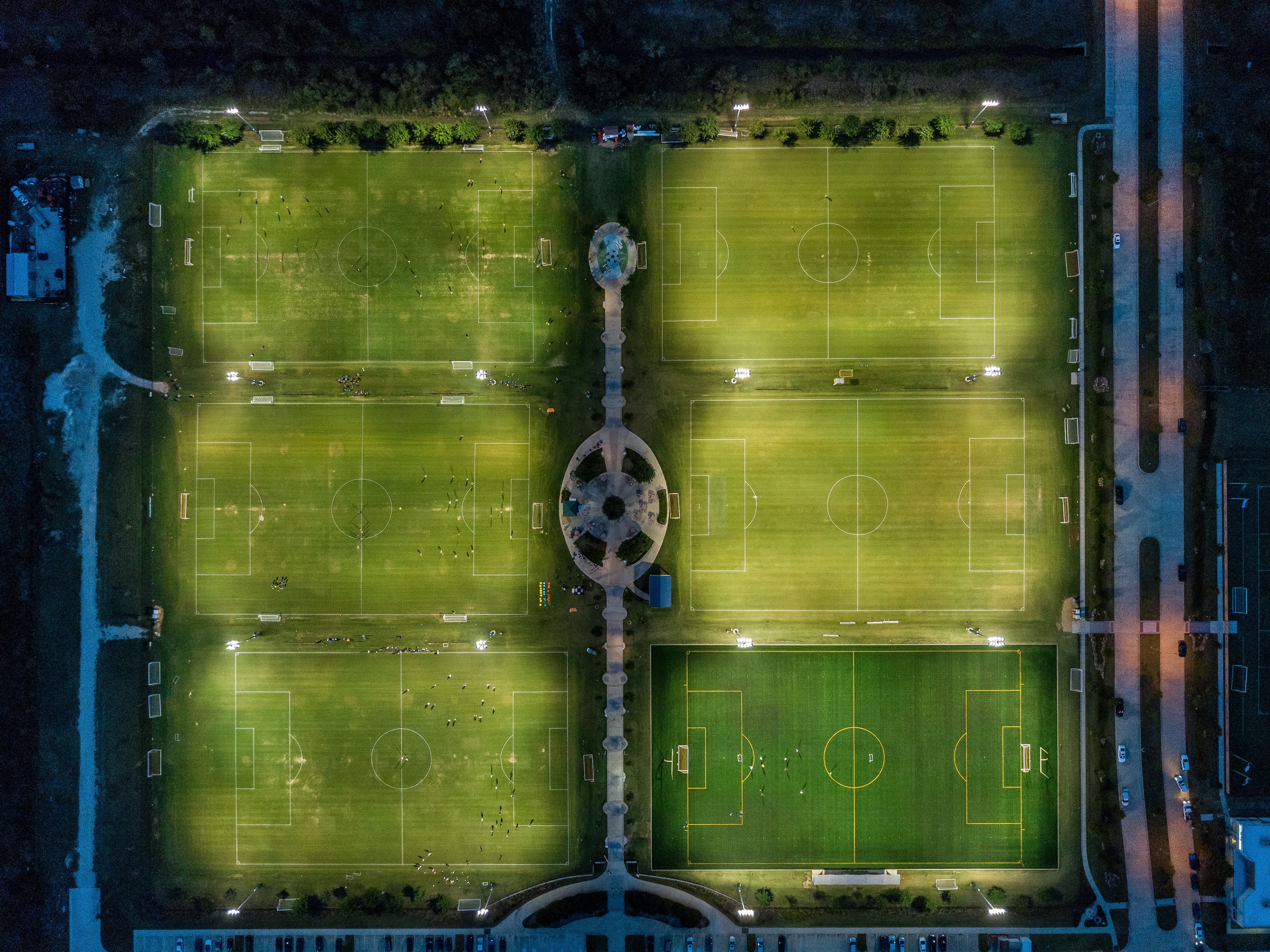 Soccer Field, soccer, top view, photography, aerial view, green, sports, evening, HD Wallpaper