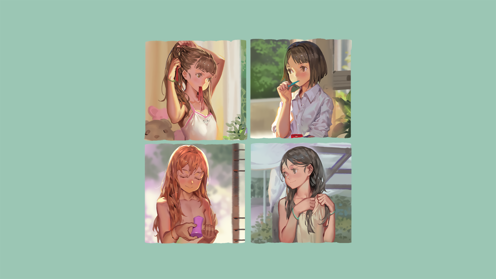 anime girls, green background, life, HD Wallpaper