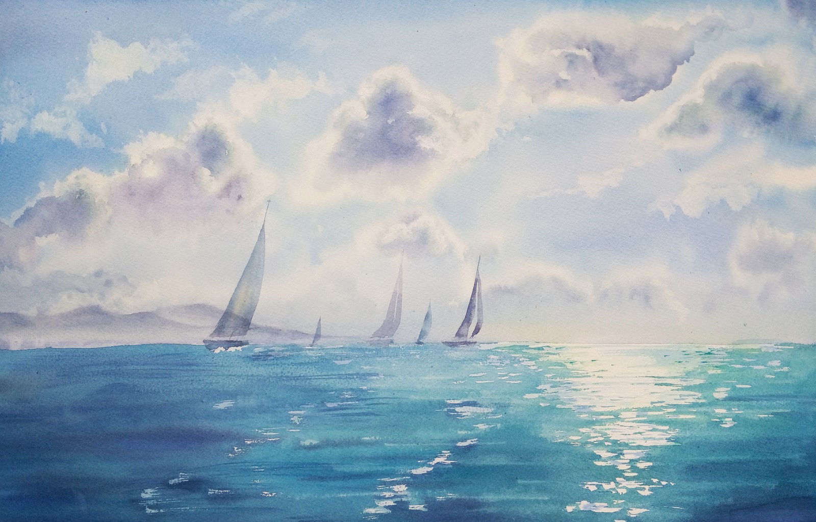 watercolor, blue, sky, nature, sea, cyan, turquoise, HD Wallpaper