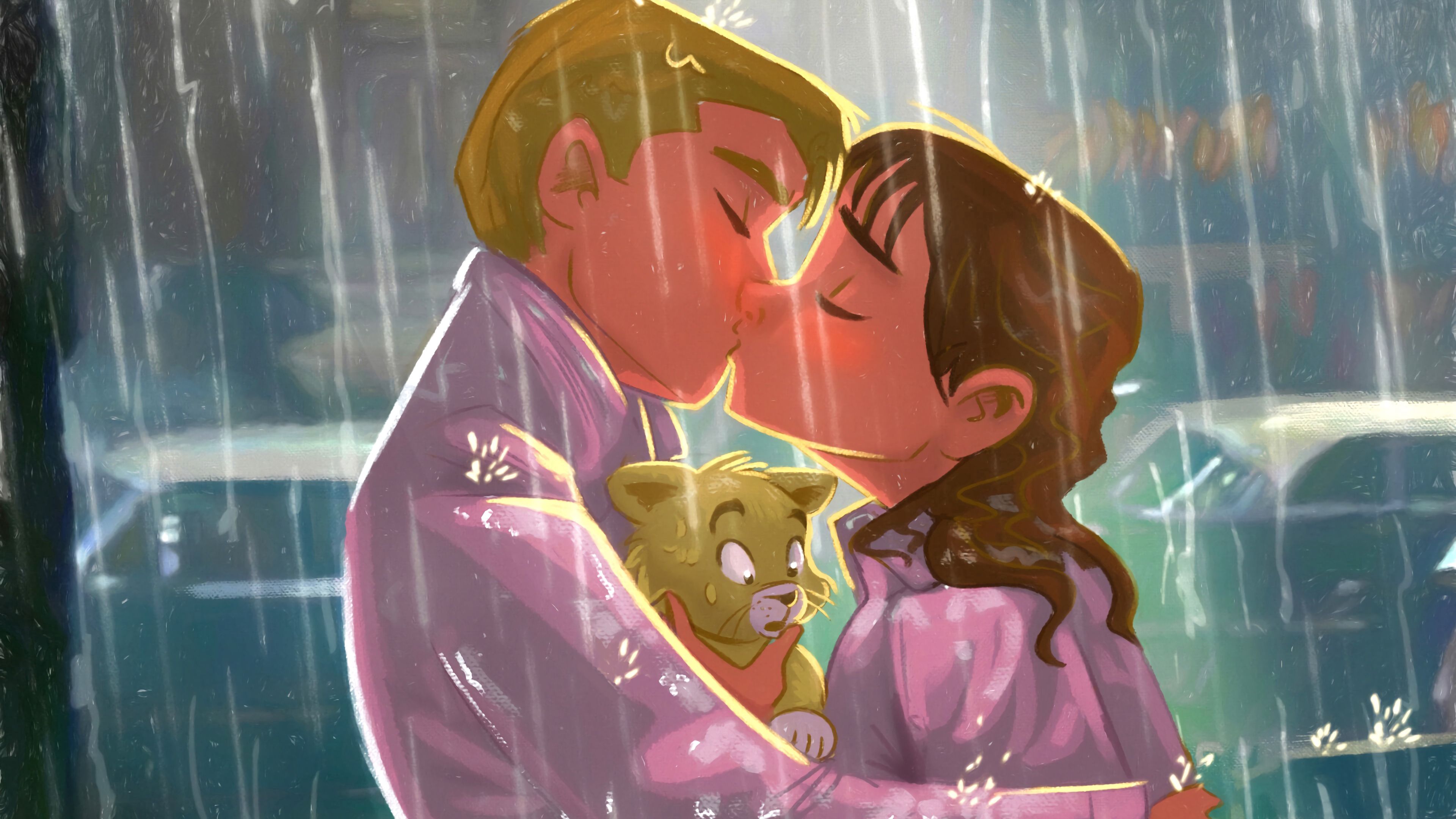 kiss, couple, art, love, kitten, rain, 4k, HD Wallpaper