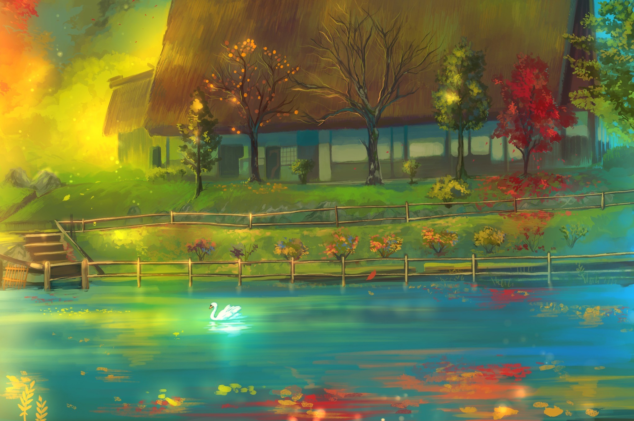 fantasy art, artwork, colorful, swan, house, fall, water, HD Wallpaper
