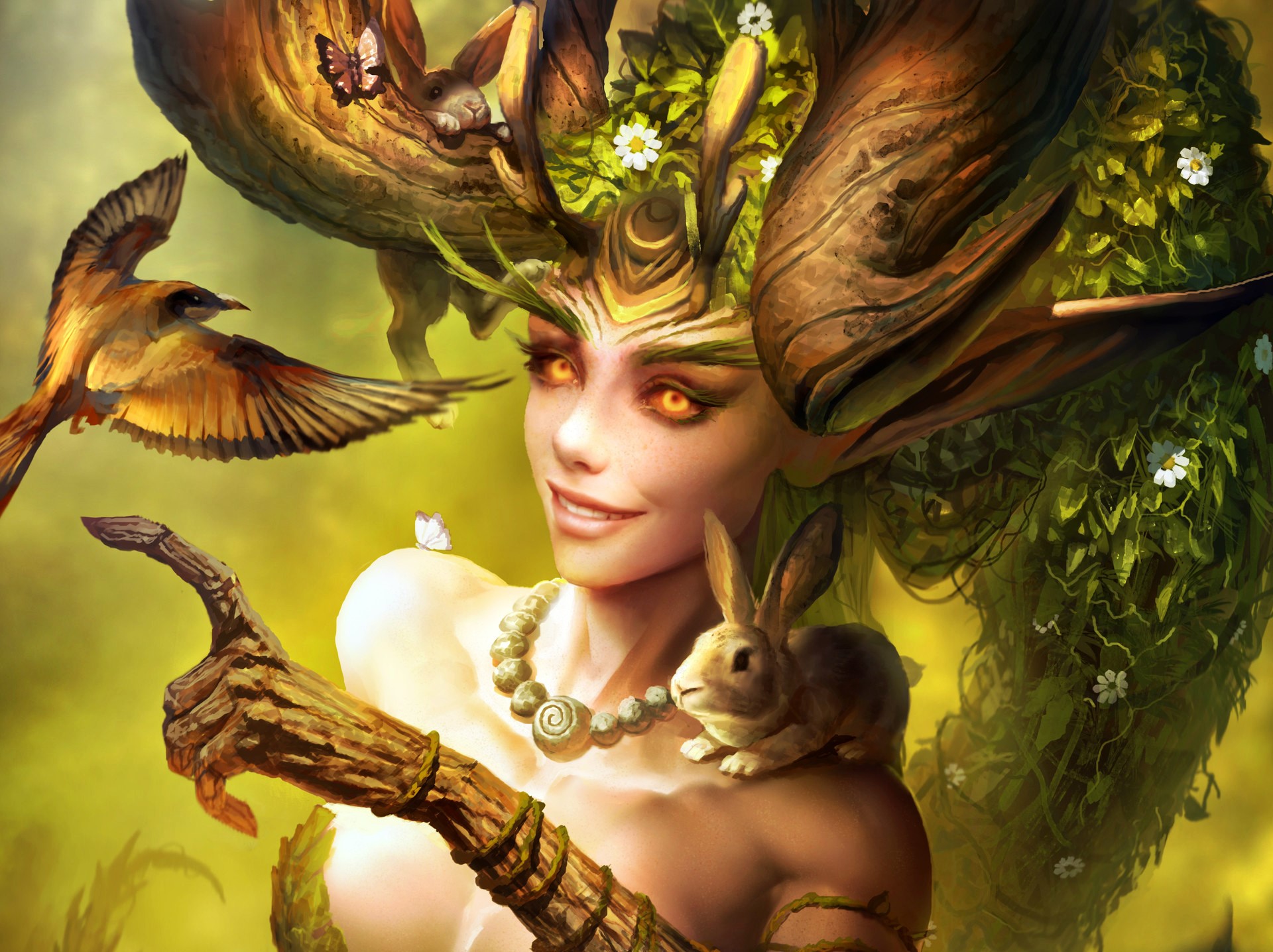 fantasy girl, fantasy art, glowing eyes, birds, animals, smiling, HD Wallpaper