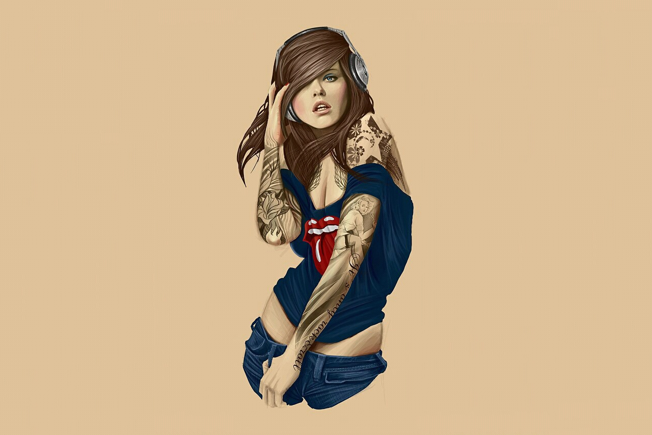 blue clothing, hair, headphones, music, tattoo, HD Wallpaper