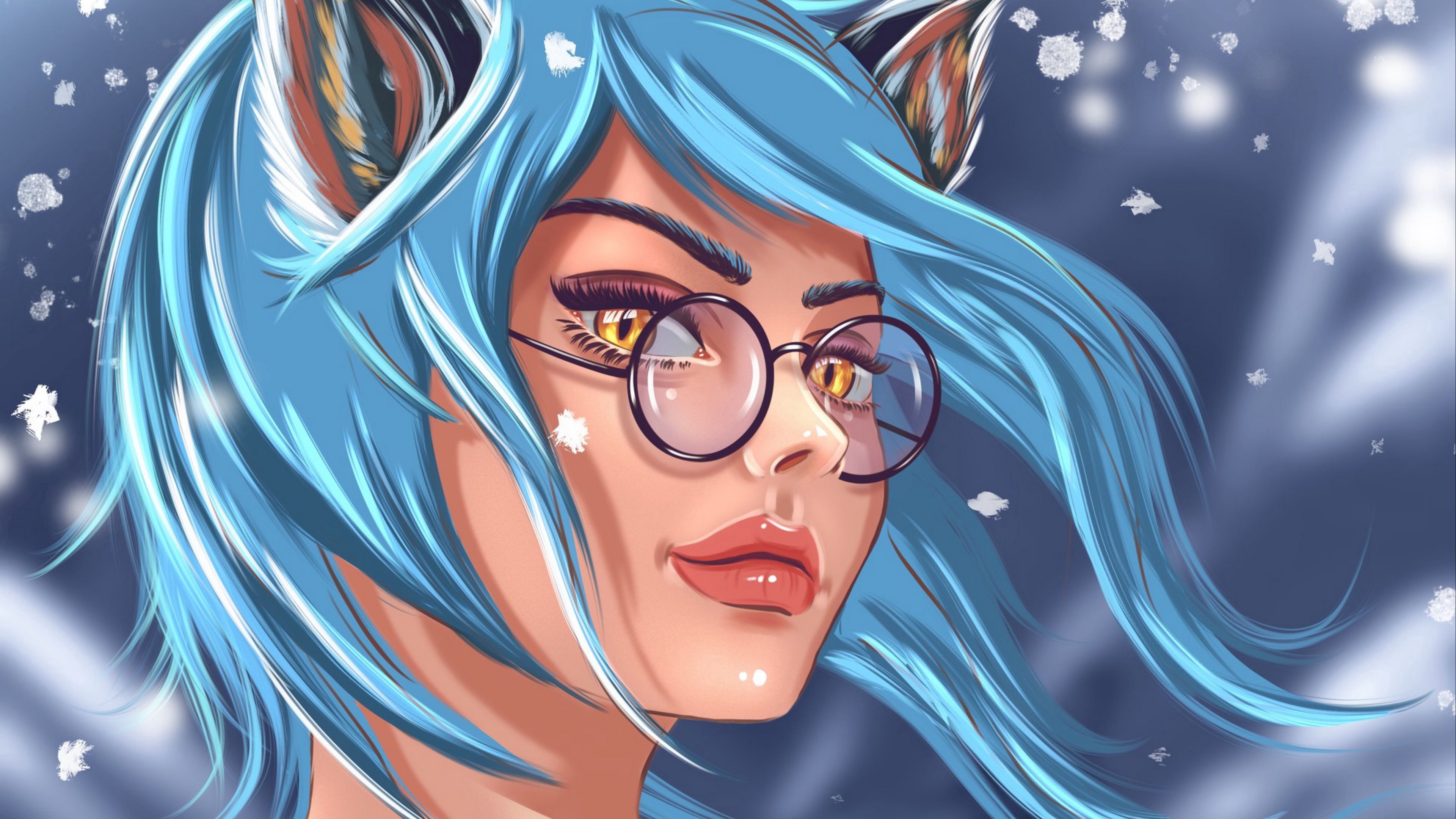 girl, art, face, glasses, glance, hair, blue, 4k, HD Wallpaper