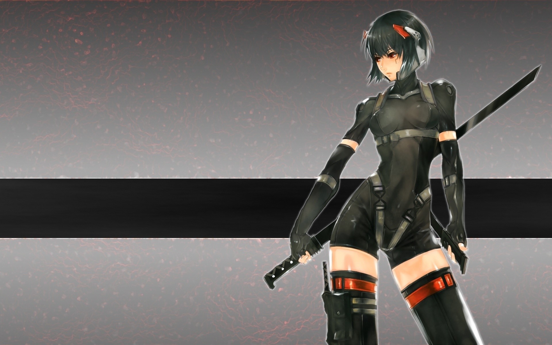 anime girls, anime, dark hair, red eyes, katana, simple background, HD Wallpaper