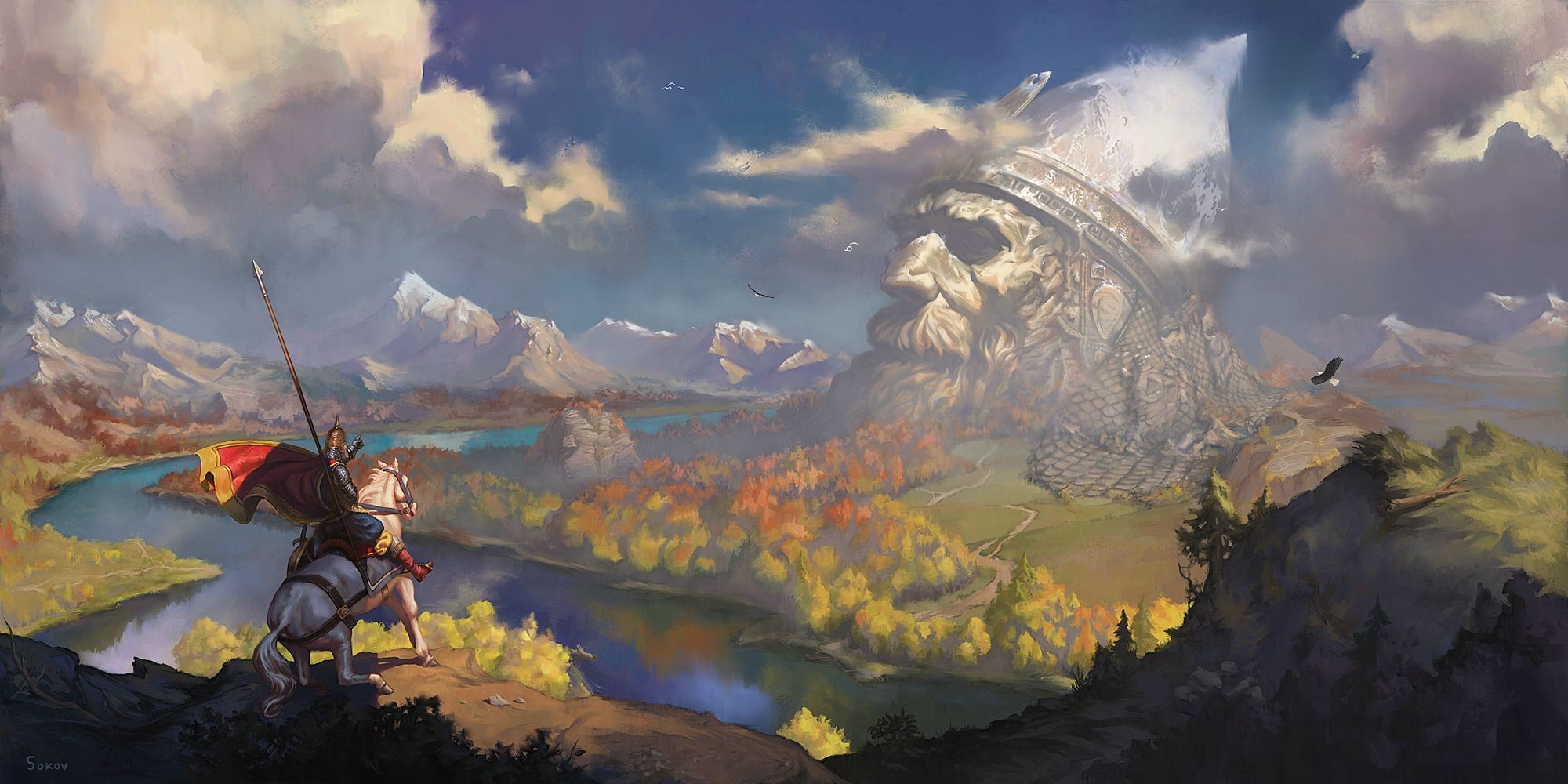 artwork, fantasy art, statue, horse, landscape, river, mountains, HD Wallpaper