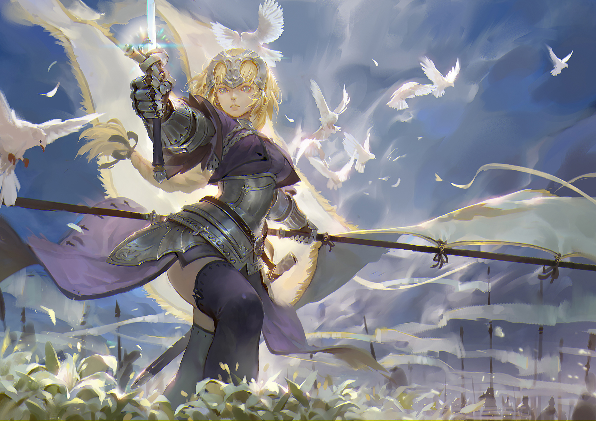 Fate/Apocrypha, anime girls, Ruler (Fate/Apocrypha), Fate Series, Jeanne dArc (Fate), big boobs, blond hair, long hair, sword, armor, thigh-highs, FGO, seagulls, HD Wallpaper