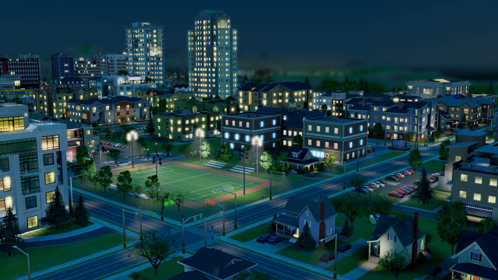 SimCity, building, video games, screen shot, cityscape, night, city, HD Wallpaper
