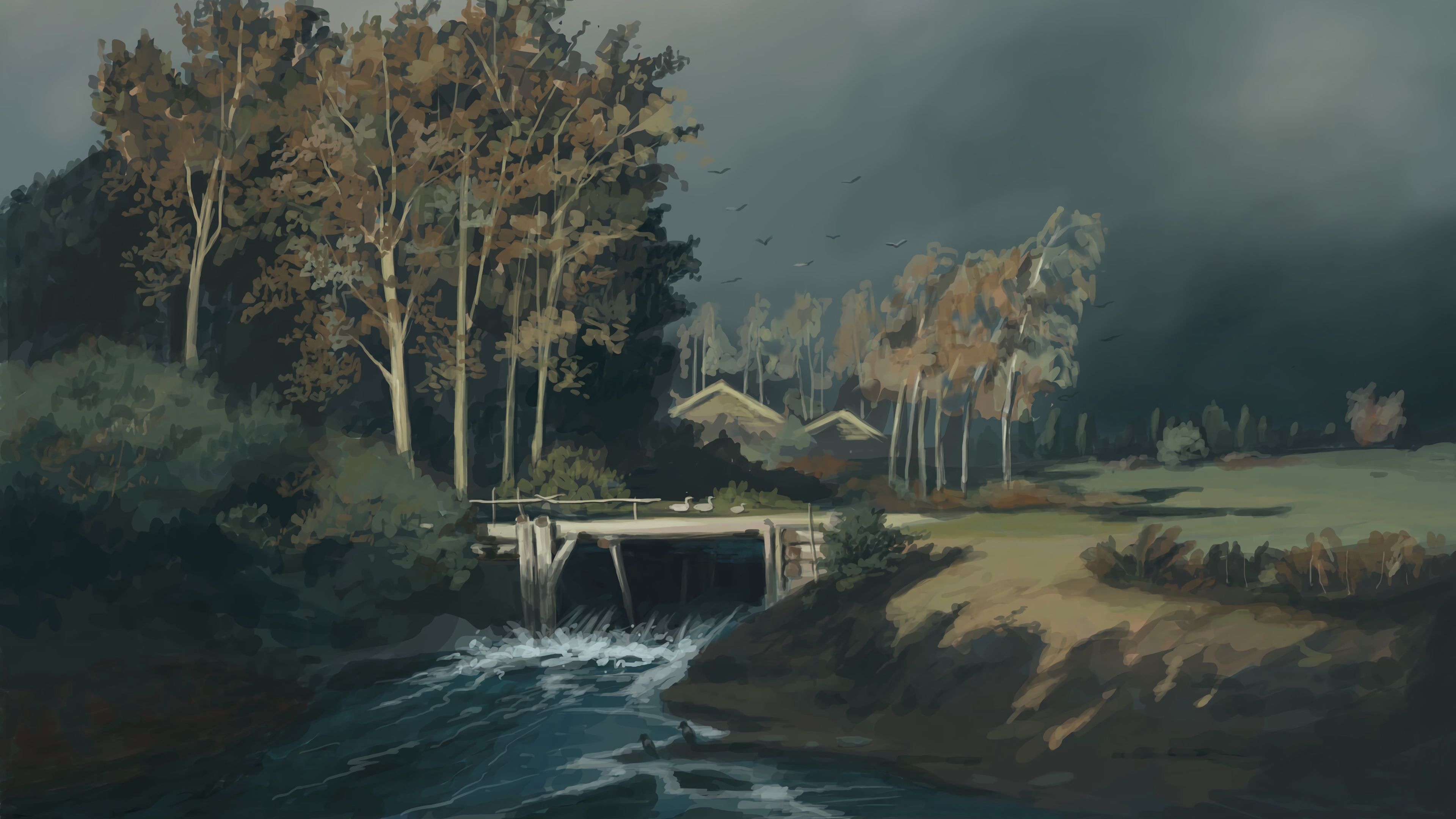 bridge, river, village, paints, art, 4k, HD Wallpaper