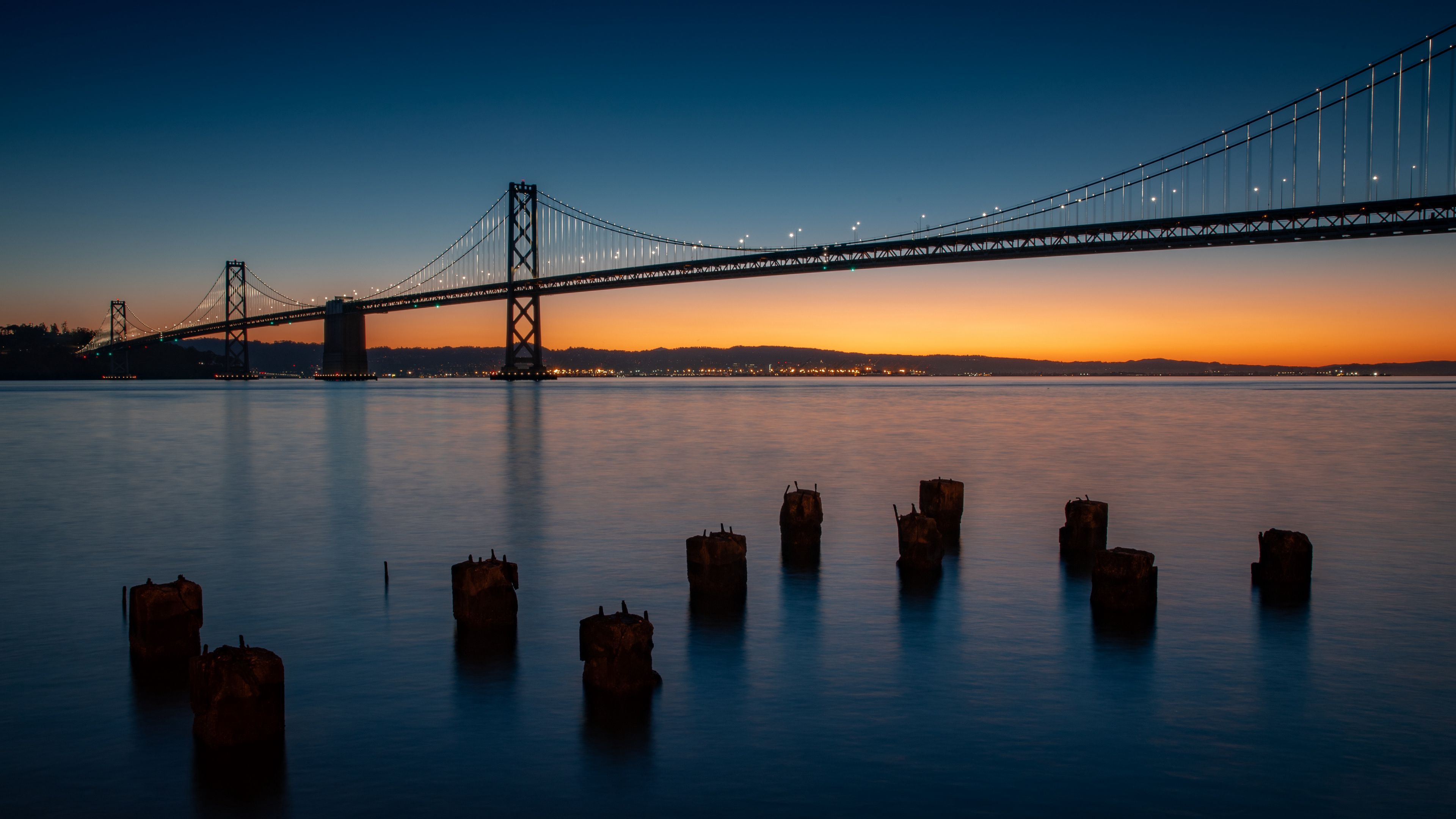 bridge, river, twilight, evening, water, pillars, 4k, HD Wallpaper