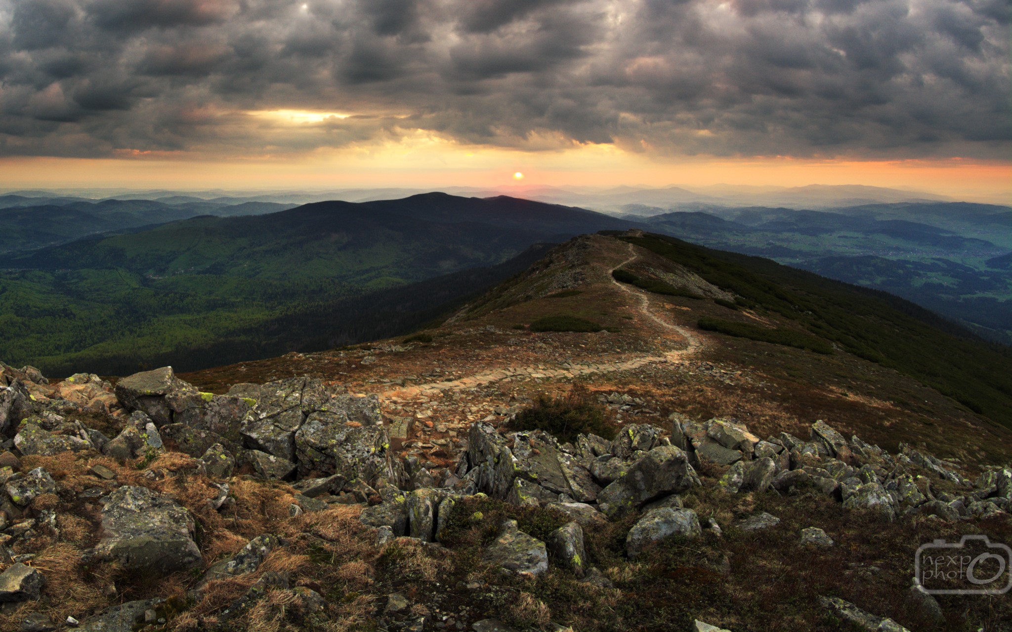 mountains, path, Poland, Sun, sunrise, landscape, clouds, rock, stone, nature, HD Wallpaper