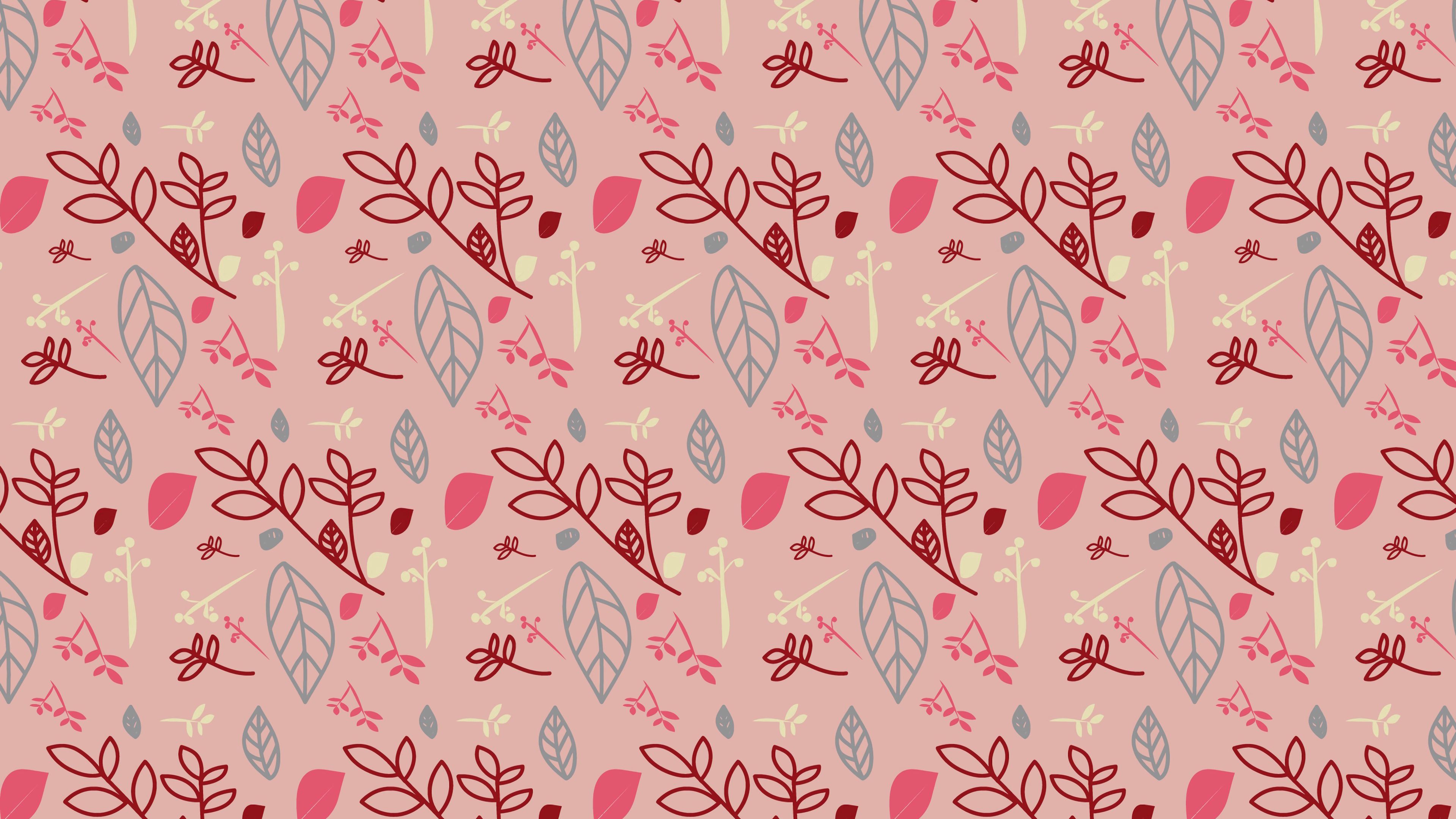 pattern, branches, leaves, pink, 4k, HD Wallpaper