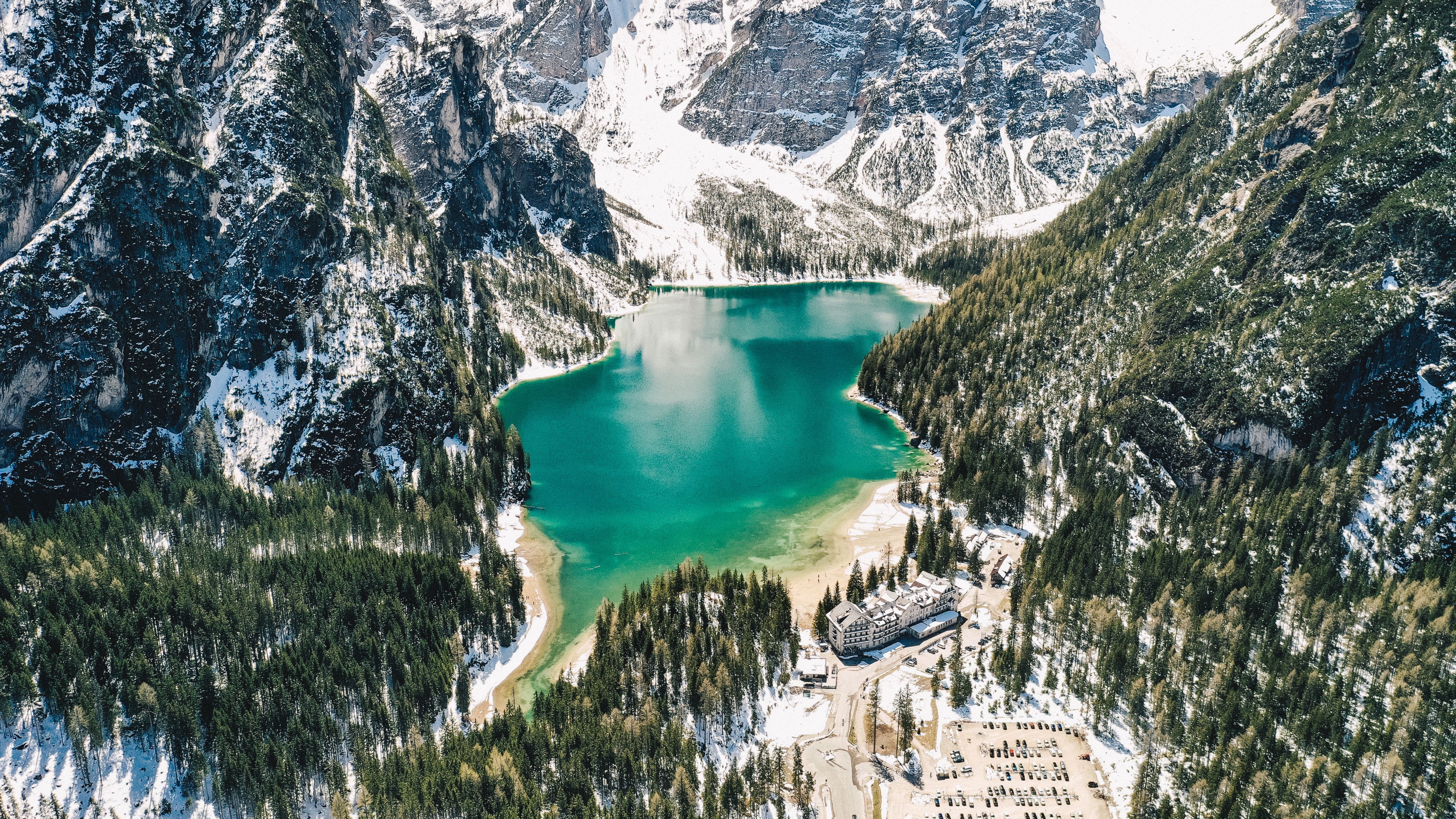 mountains, lake, landscape, forest, slopes, snowy, 4k, HD Wallpaper