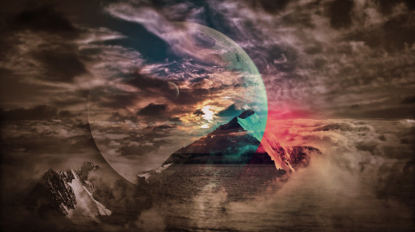 artwork, Moon, planet, blue, pink, red, sky, HD Wallpaper