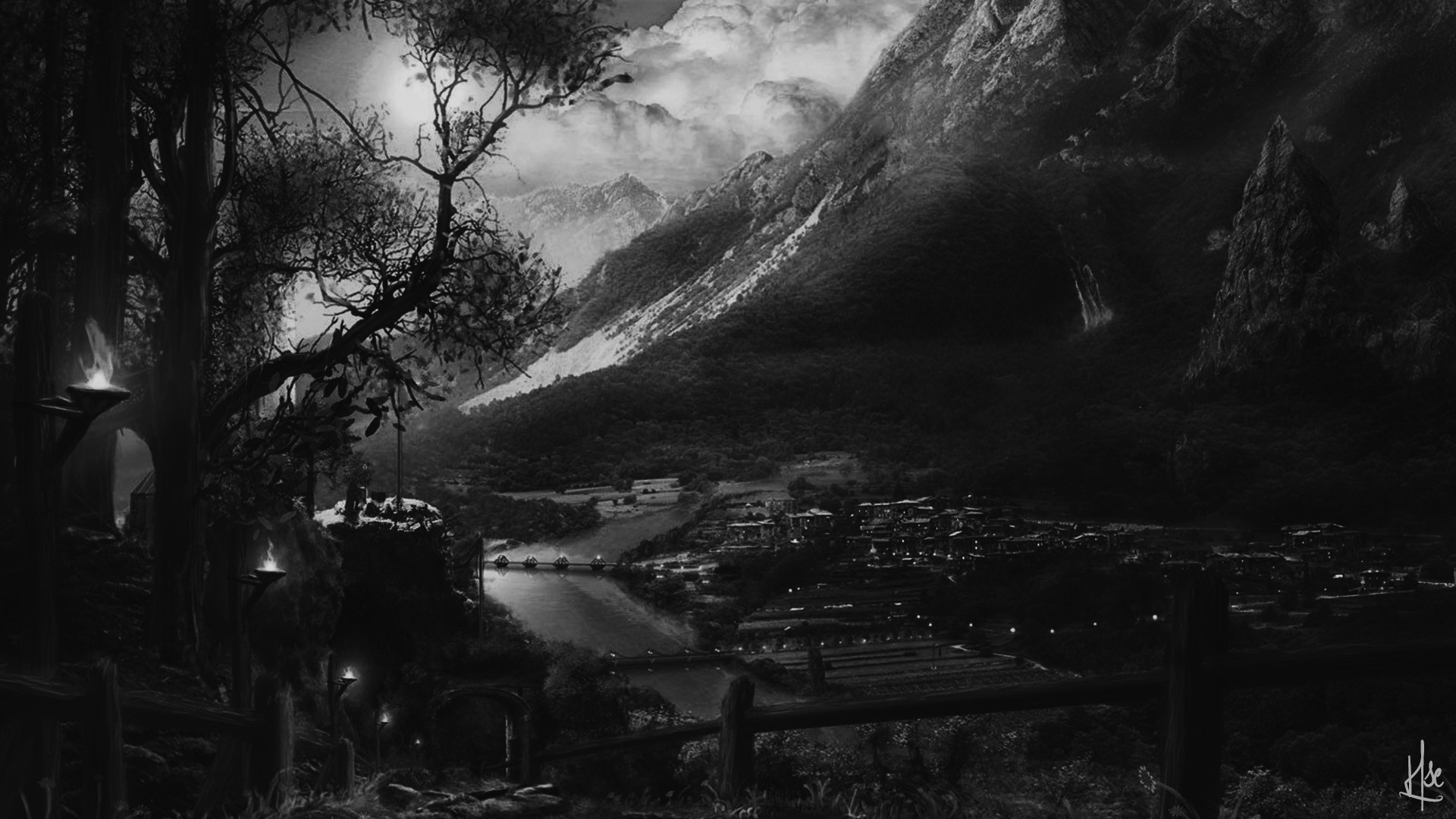 landscape, pine trees, mountains, monochrome, HD Wallpaper