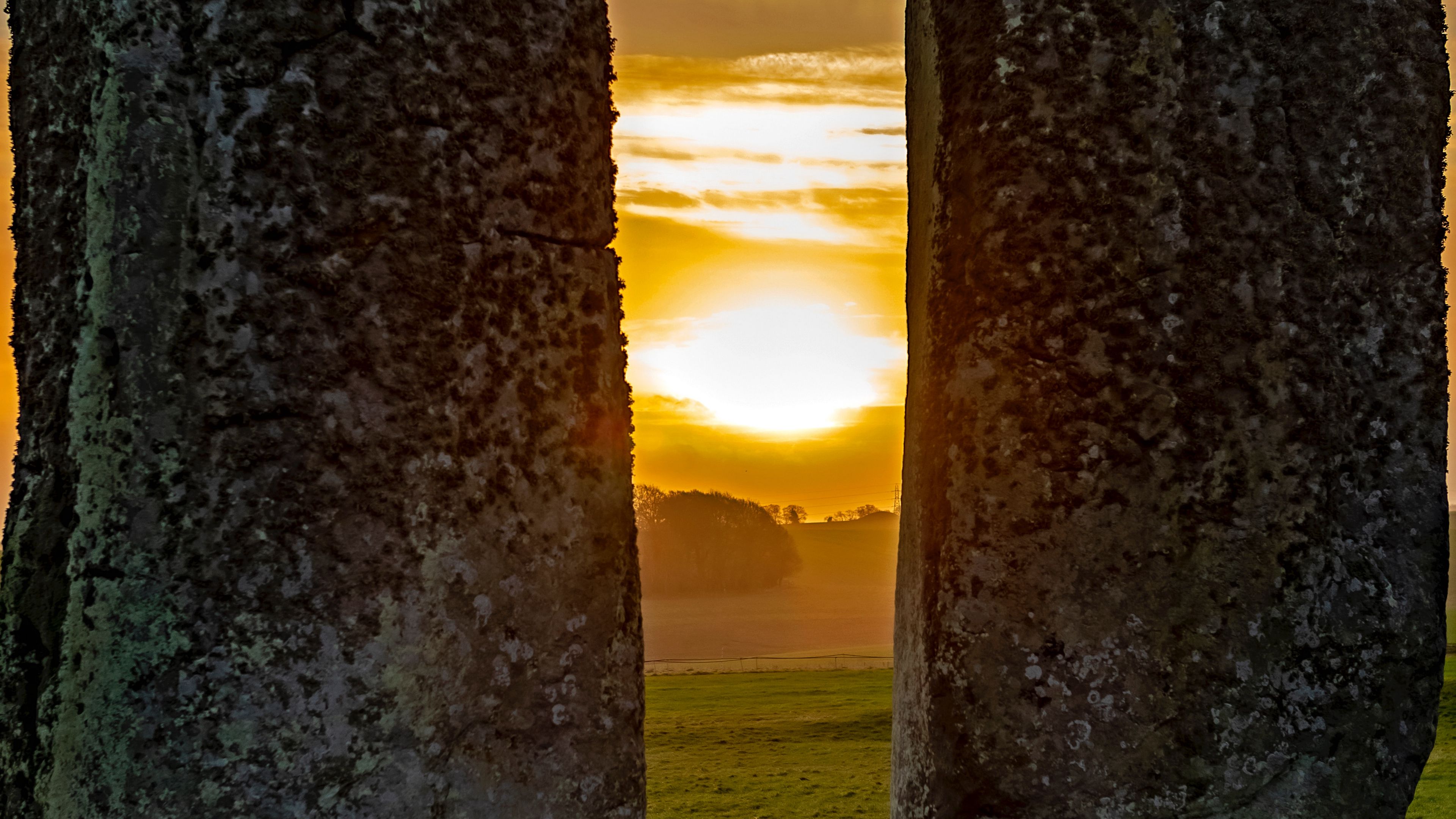 stones, megalith, sunset, stonehenge, england, 4k, HD Wallpaper