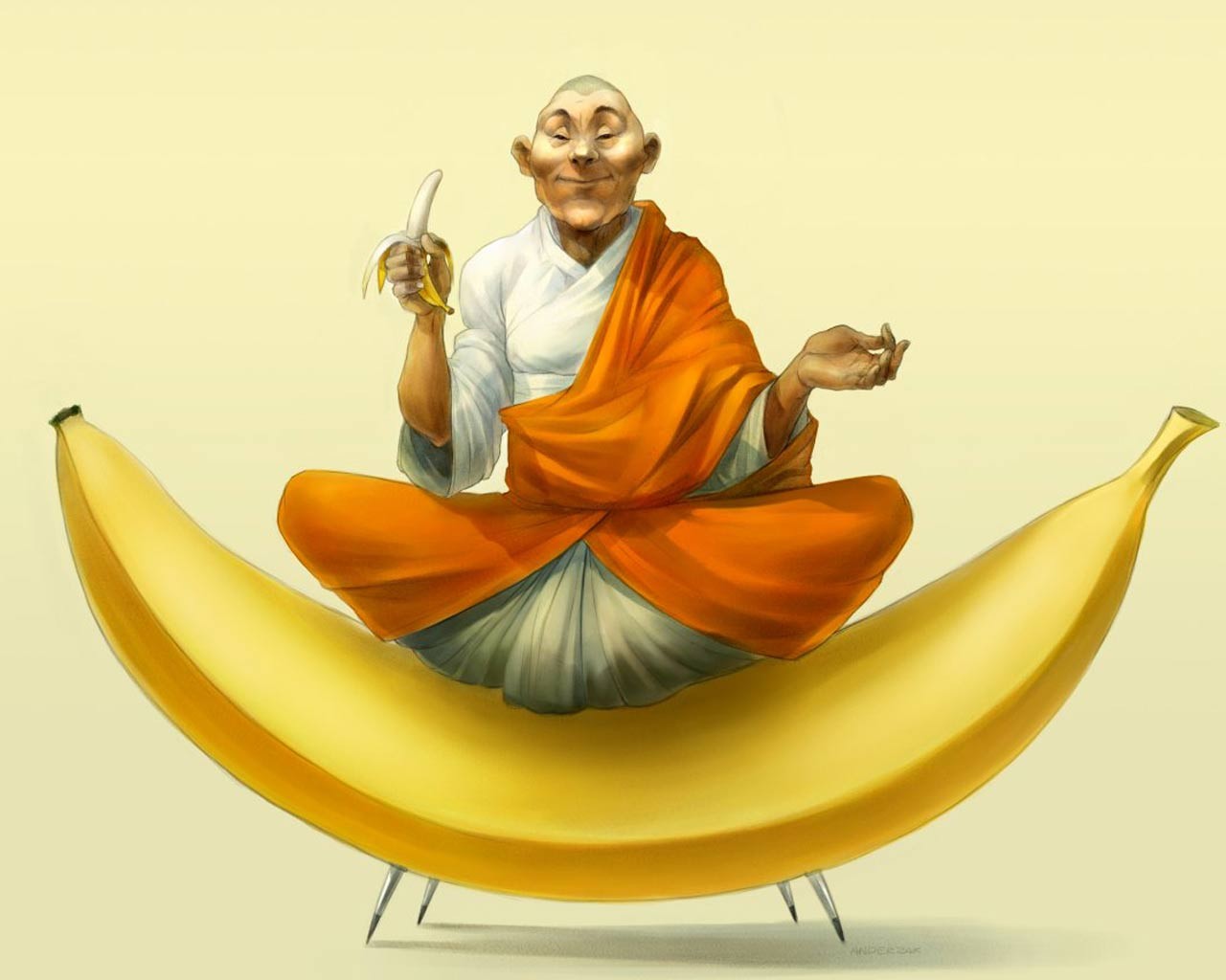 digital art, monks, bananas, humor, HD Wallpaper
