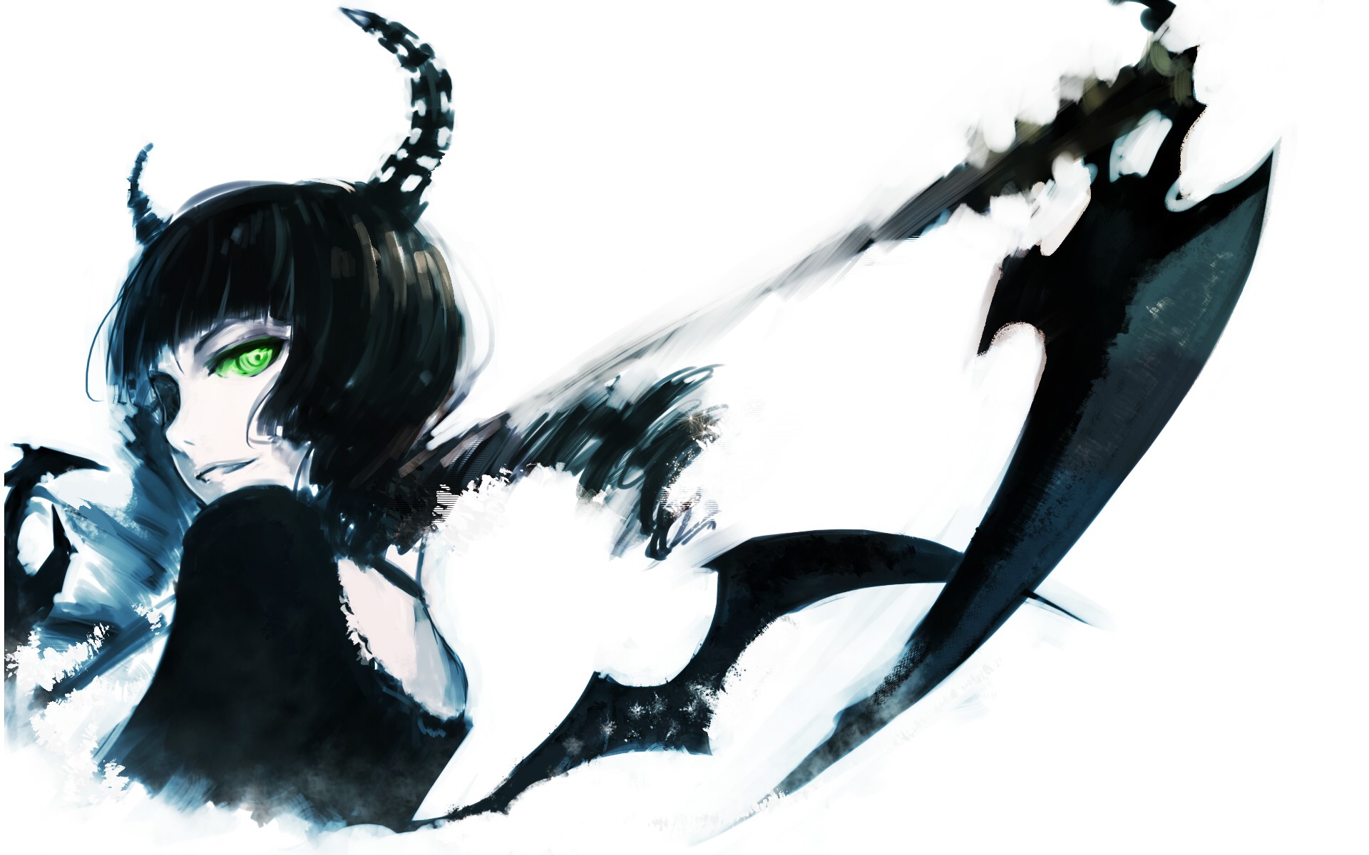 deadmaster, dead, anime girls, anime, horns, simple background, white background, green eyes, dark hair, HD Wallpaper