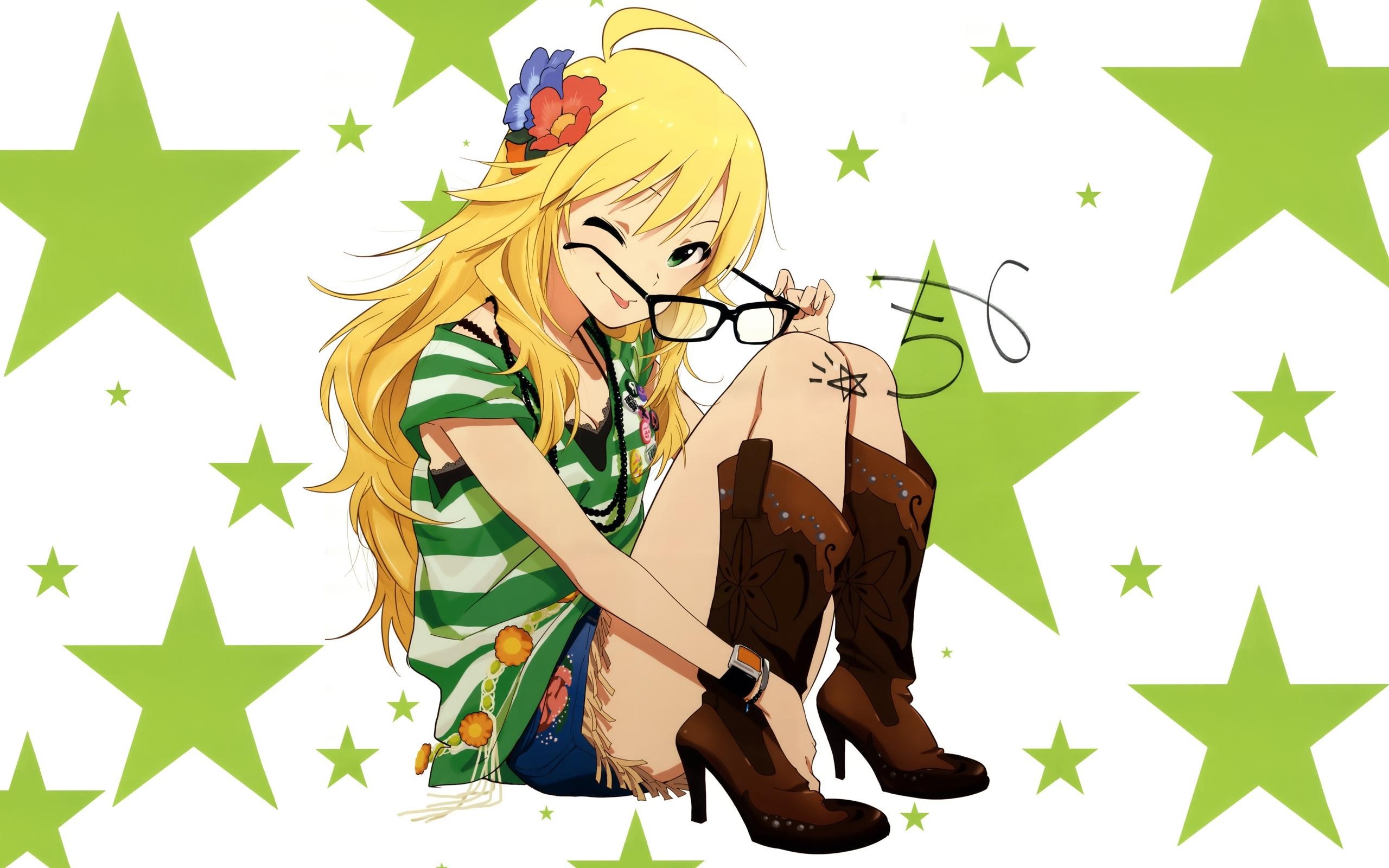 Hoshii Miki, THE, anime, anime girls, blonde, long hair, glasses, flower in hair, sitting, stars, HD Wallpaper