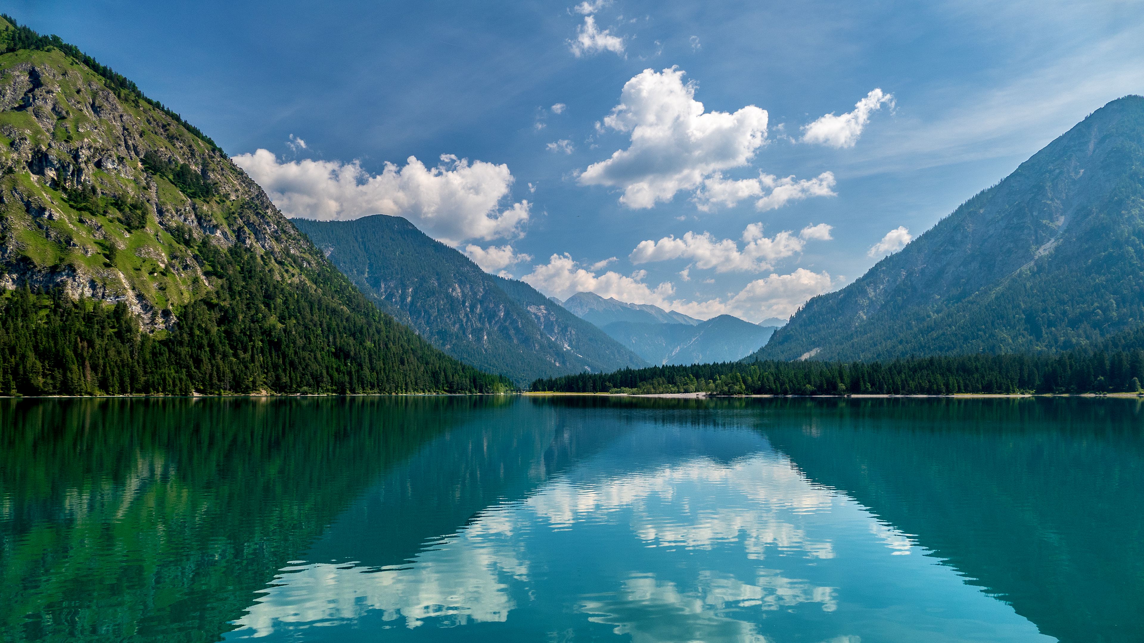 lake, mountains, slope, reflection, landscape, 4k, HD Wallpaper