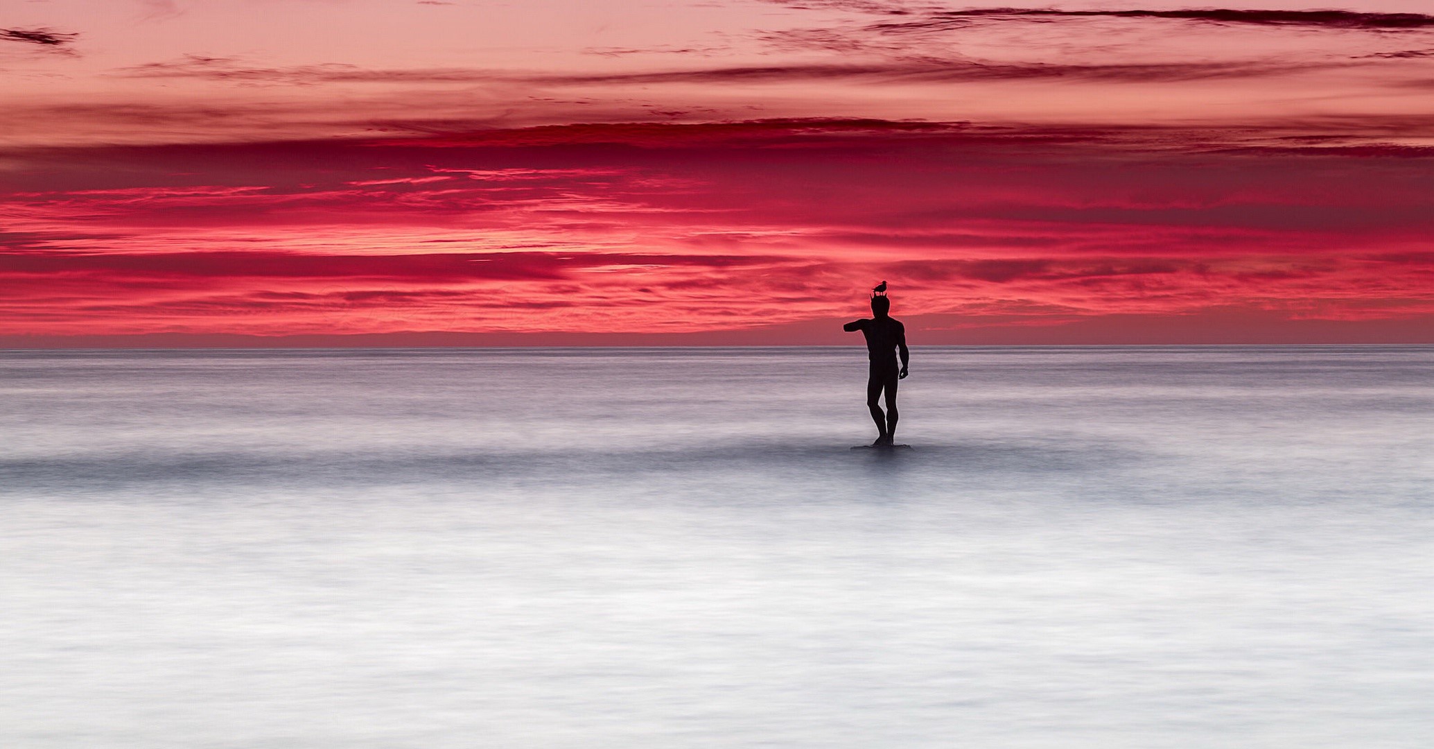 sky, sea, nature, horizon, statue, red, HD Wallpaper